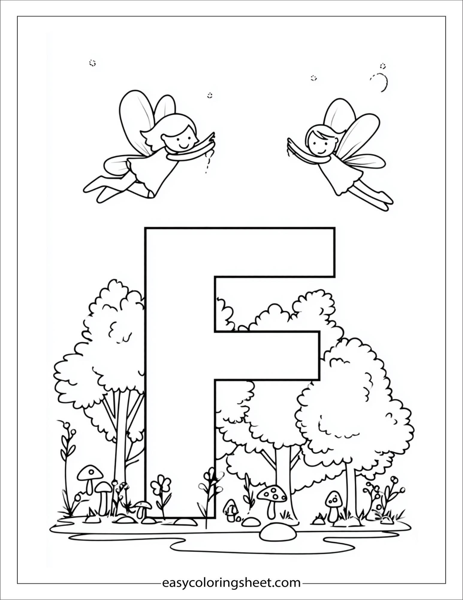 alphabet F fairy forest coloring page