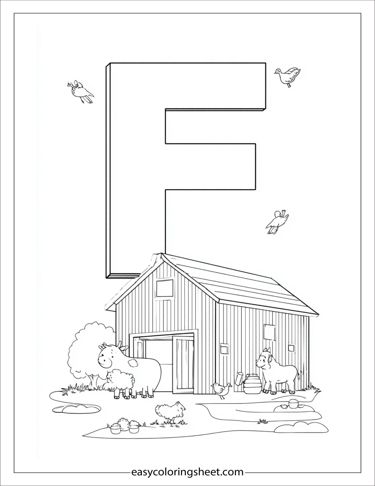 alphabet F farm coloring page