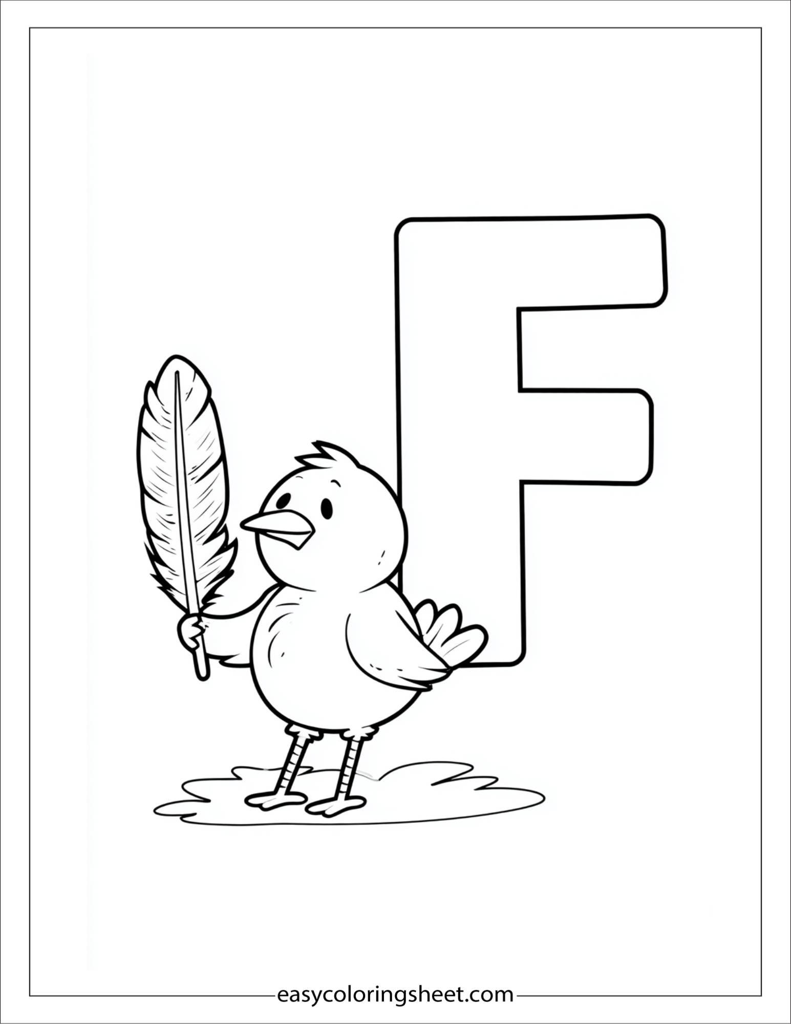 alphabet F feather bird coloring page