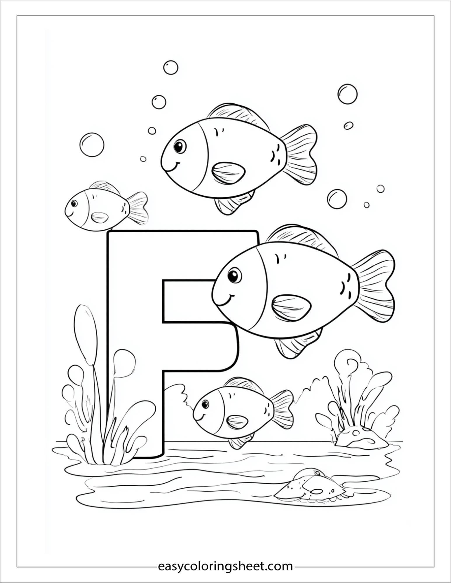 alphabet F fish family coloring page
