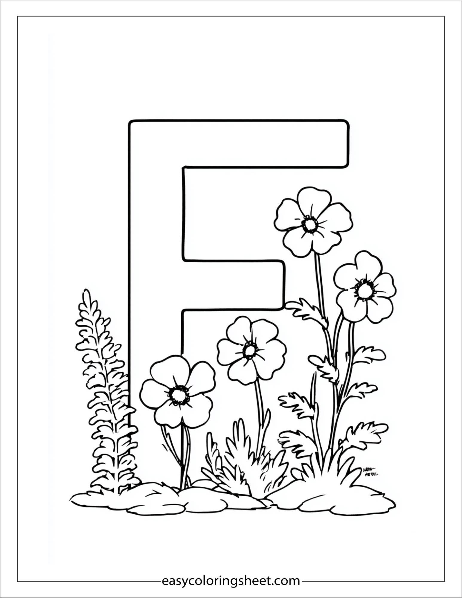 alphabet F flower garden coloring page