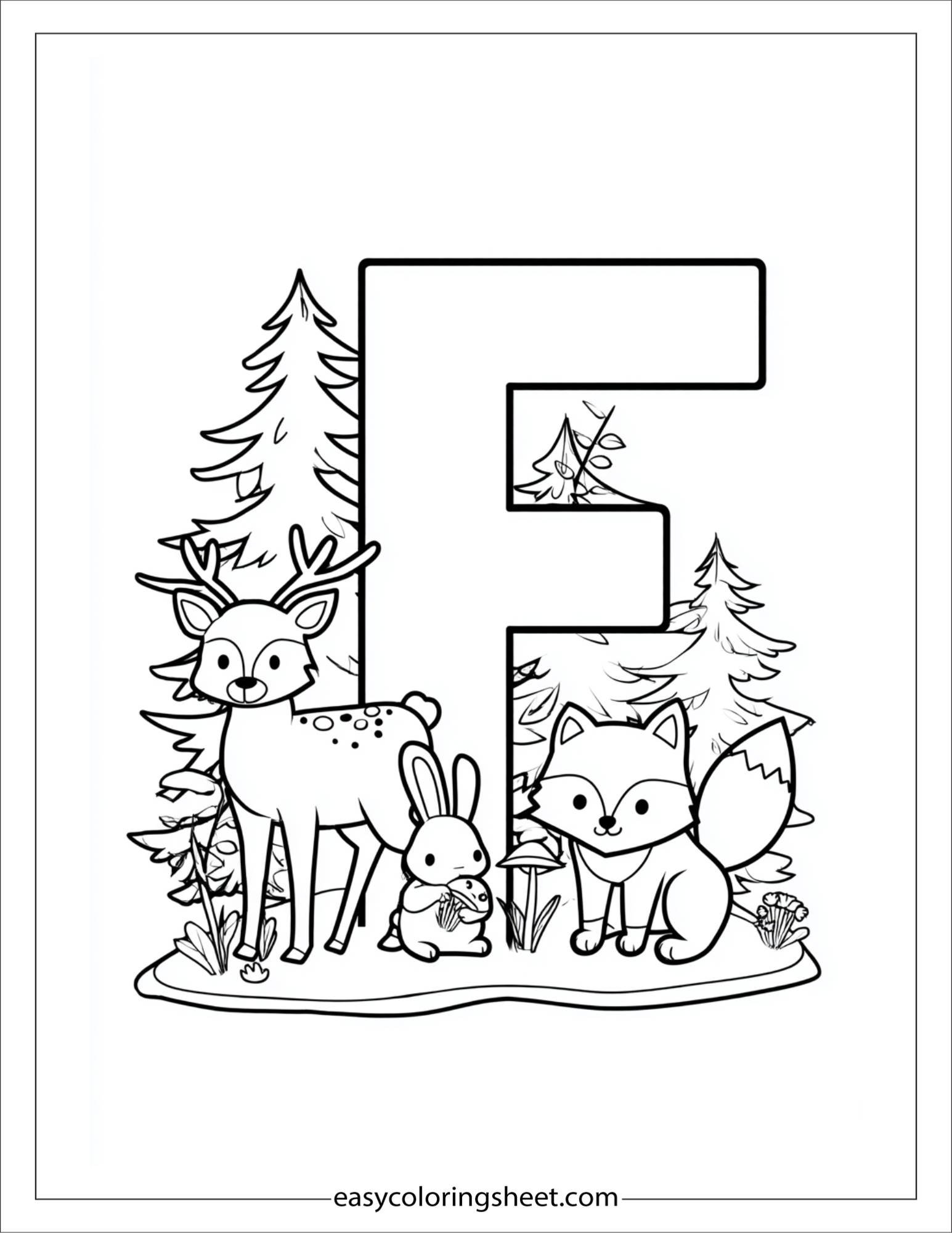alphabet F forest animals coloring page