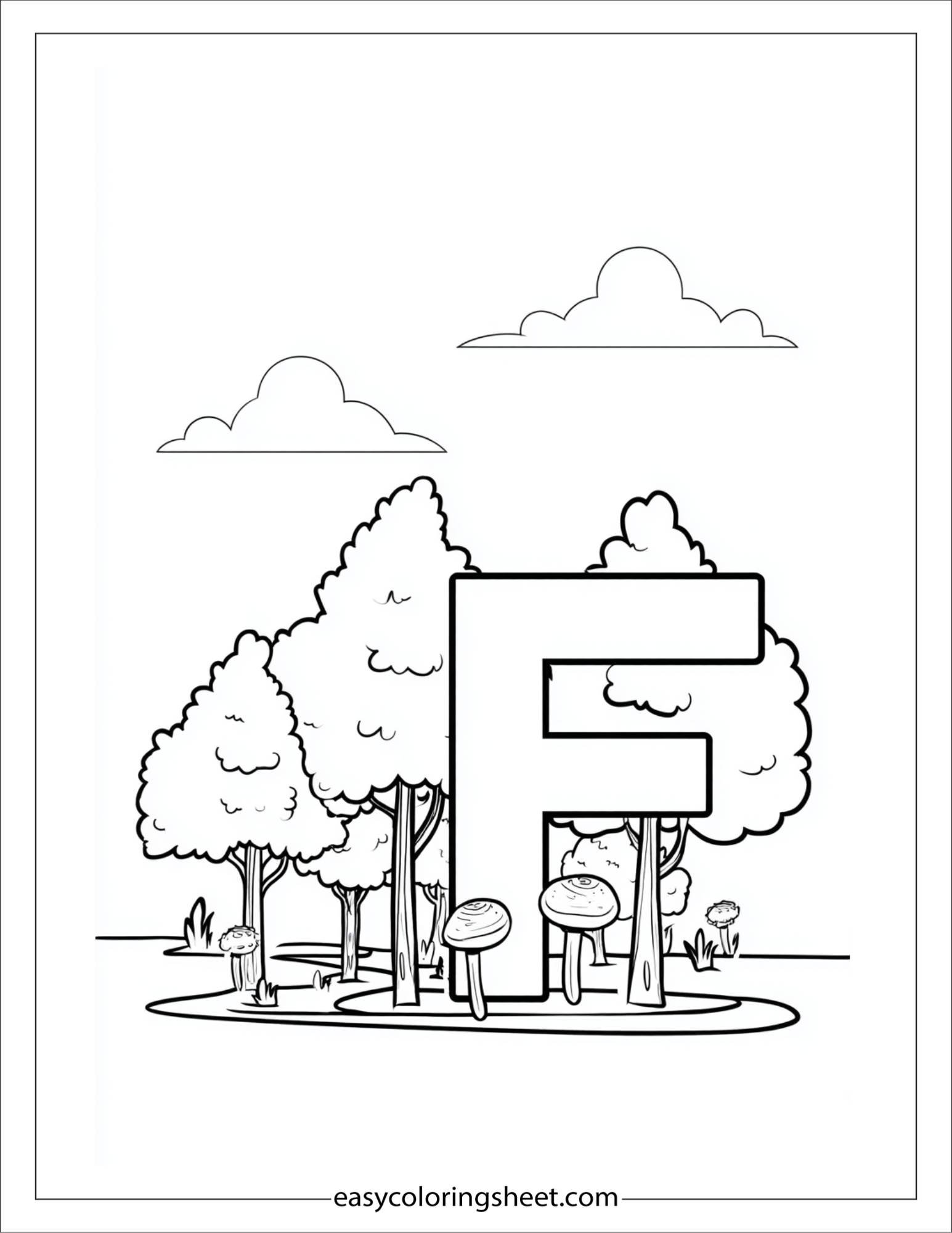 alphabet F forest coloring page