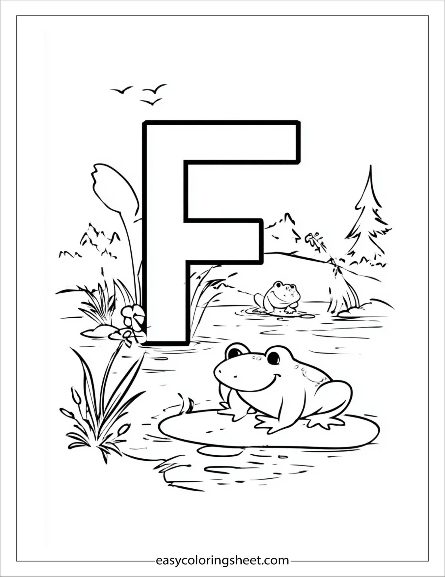 alphabet F frog pond coloring page