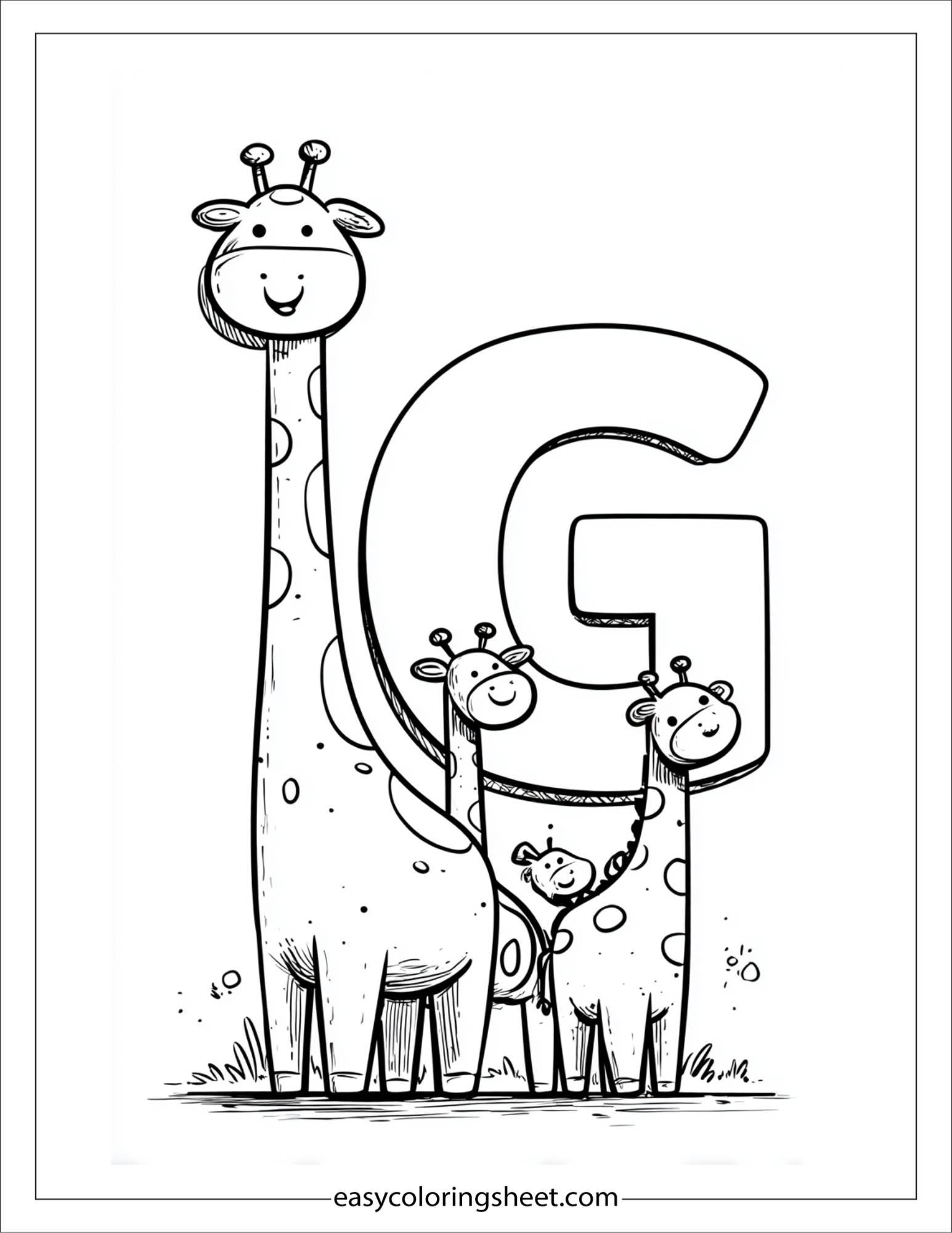 alphabet G giraffe family coloring page
