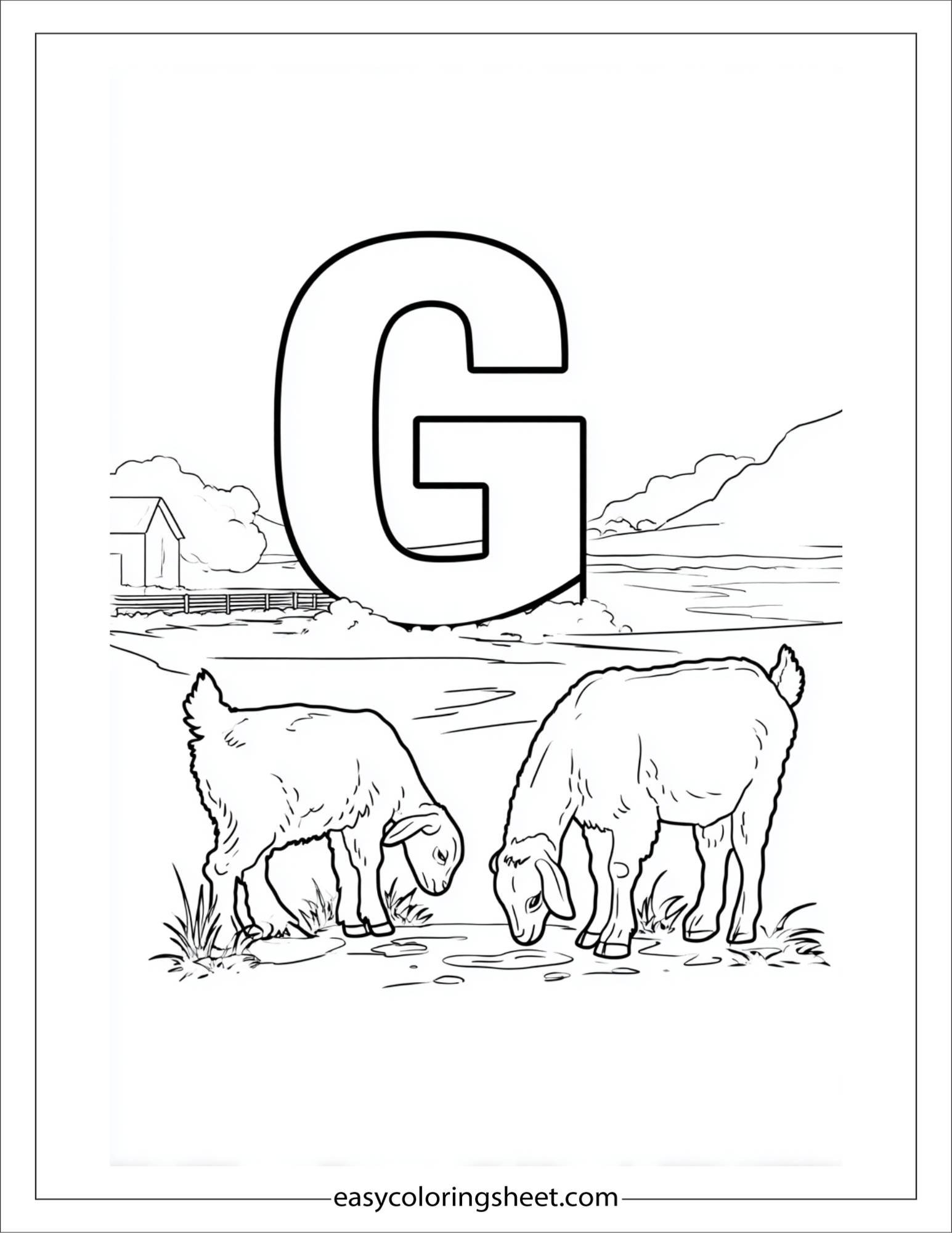 alphabet G goat farm coloring page