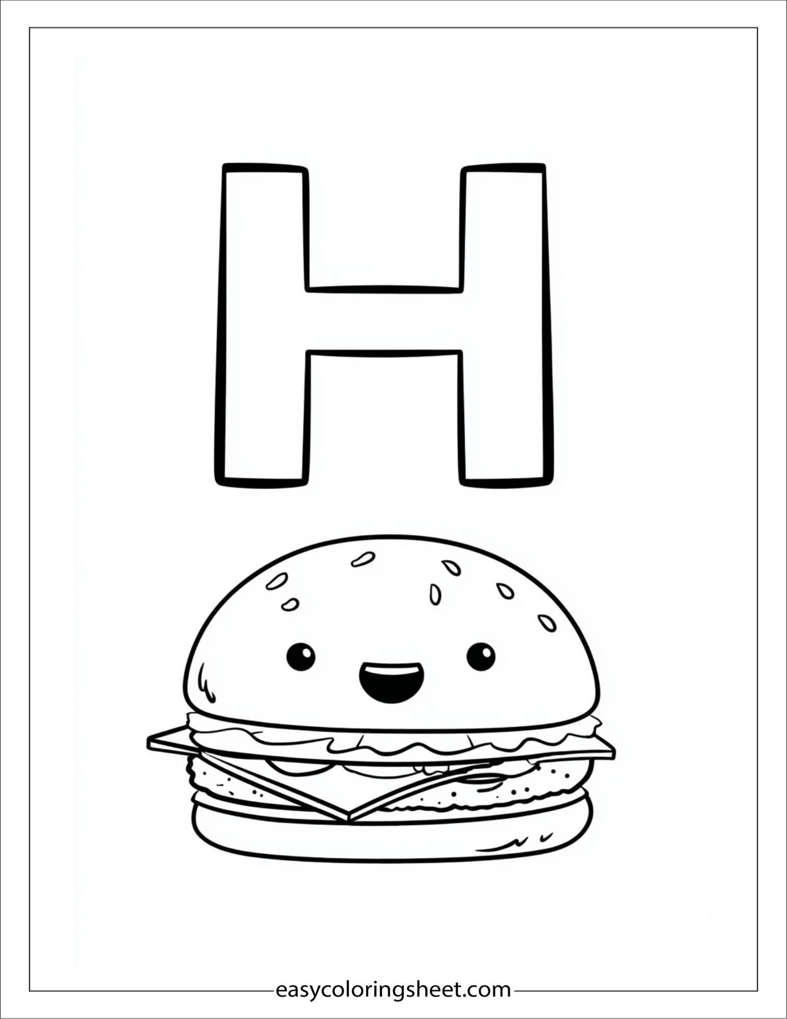 alphabet H hamburger coloring page