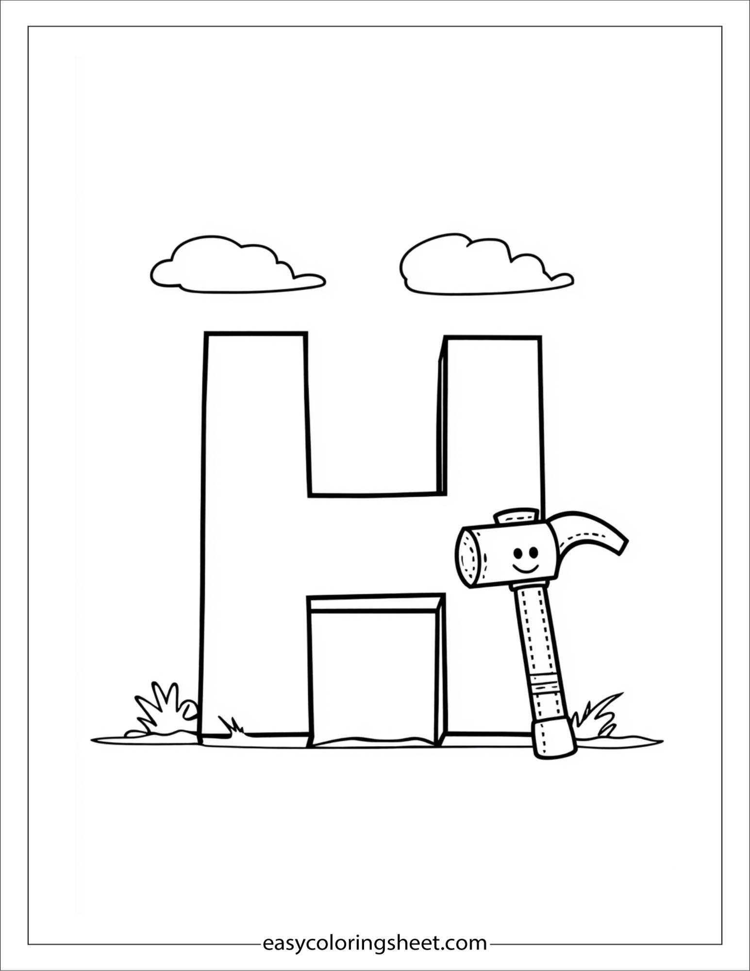 alphabet H hammer tool coloring page
