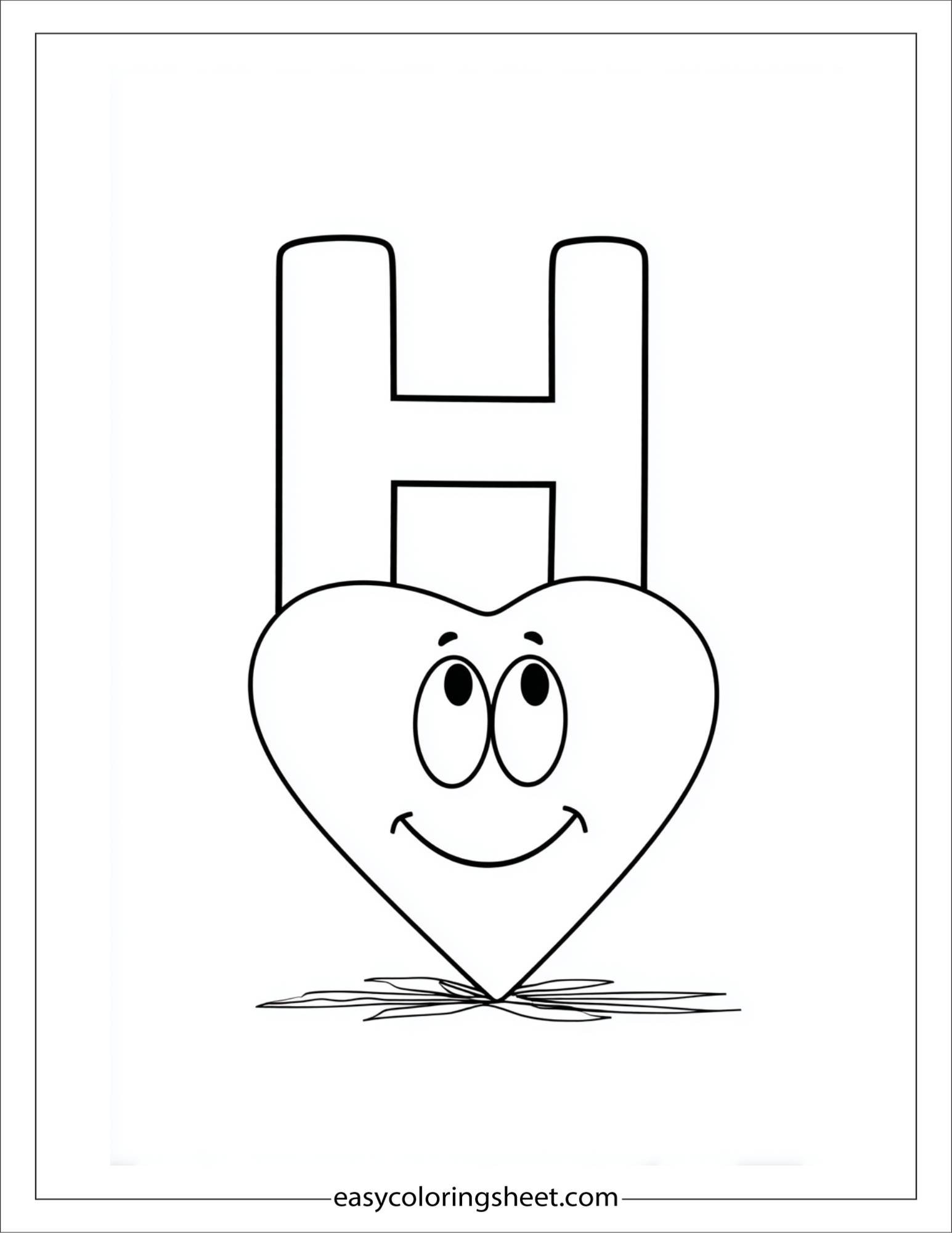 alphabet H happy heart coloring page