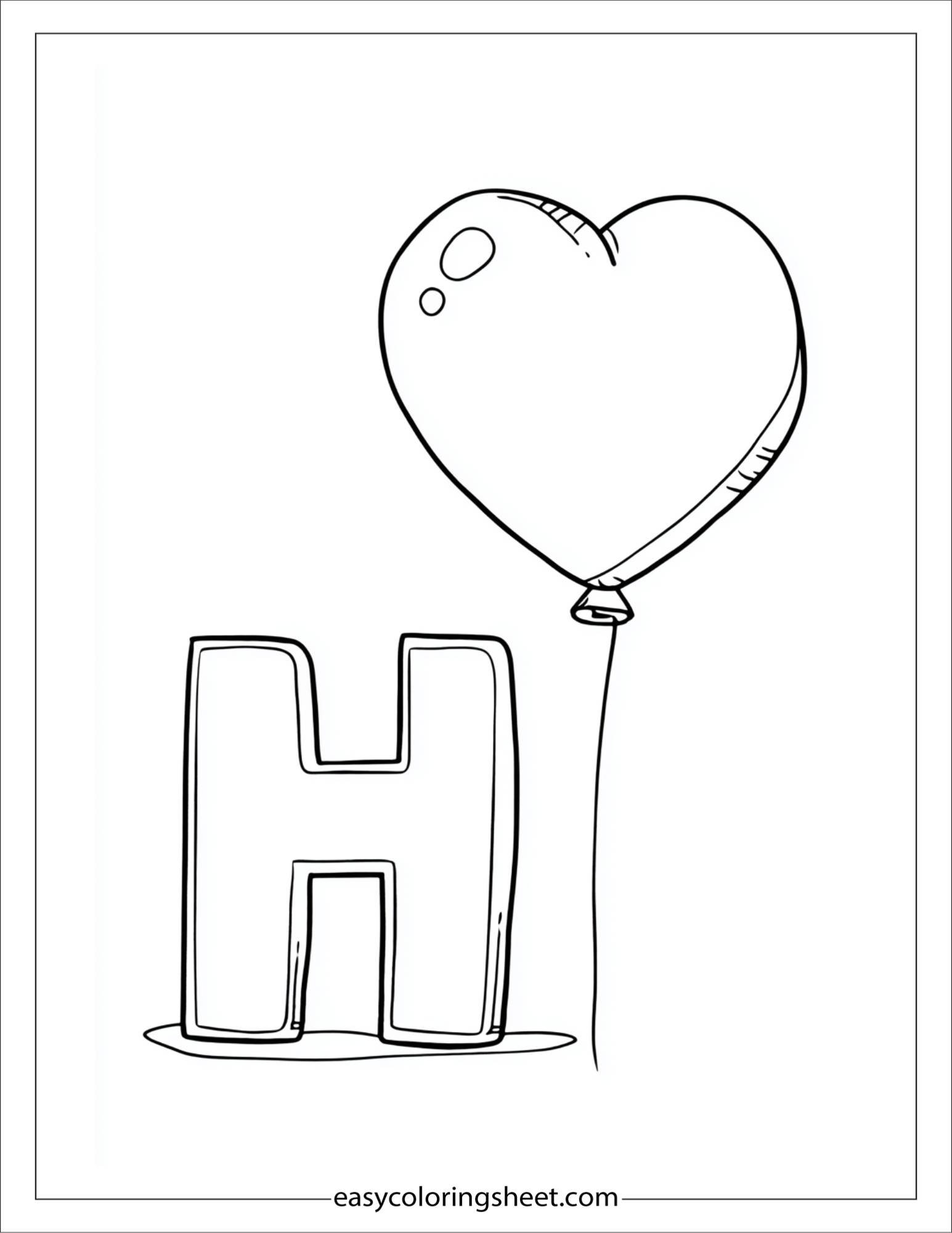 alphabet H heart balloon coloring page