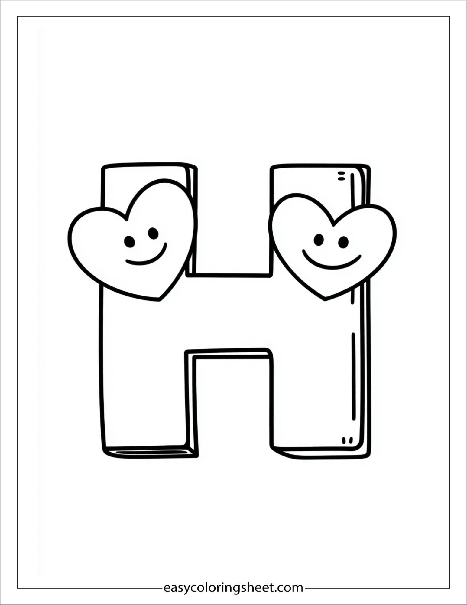 alphabet H heart love coloring page