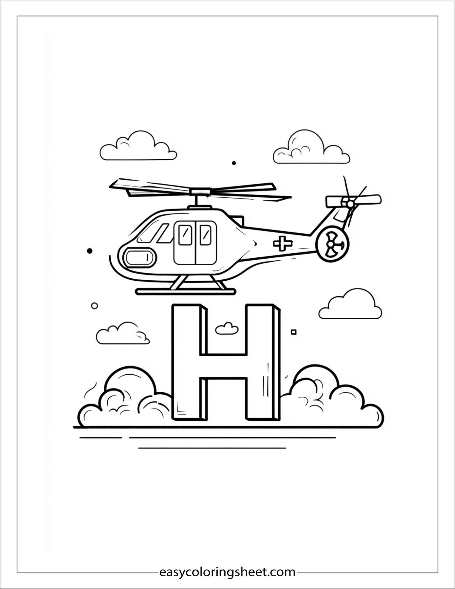 alphabet H helicopter sky coloring page