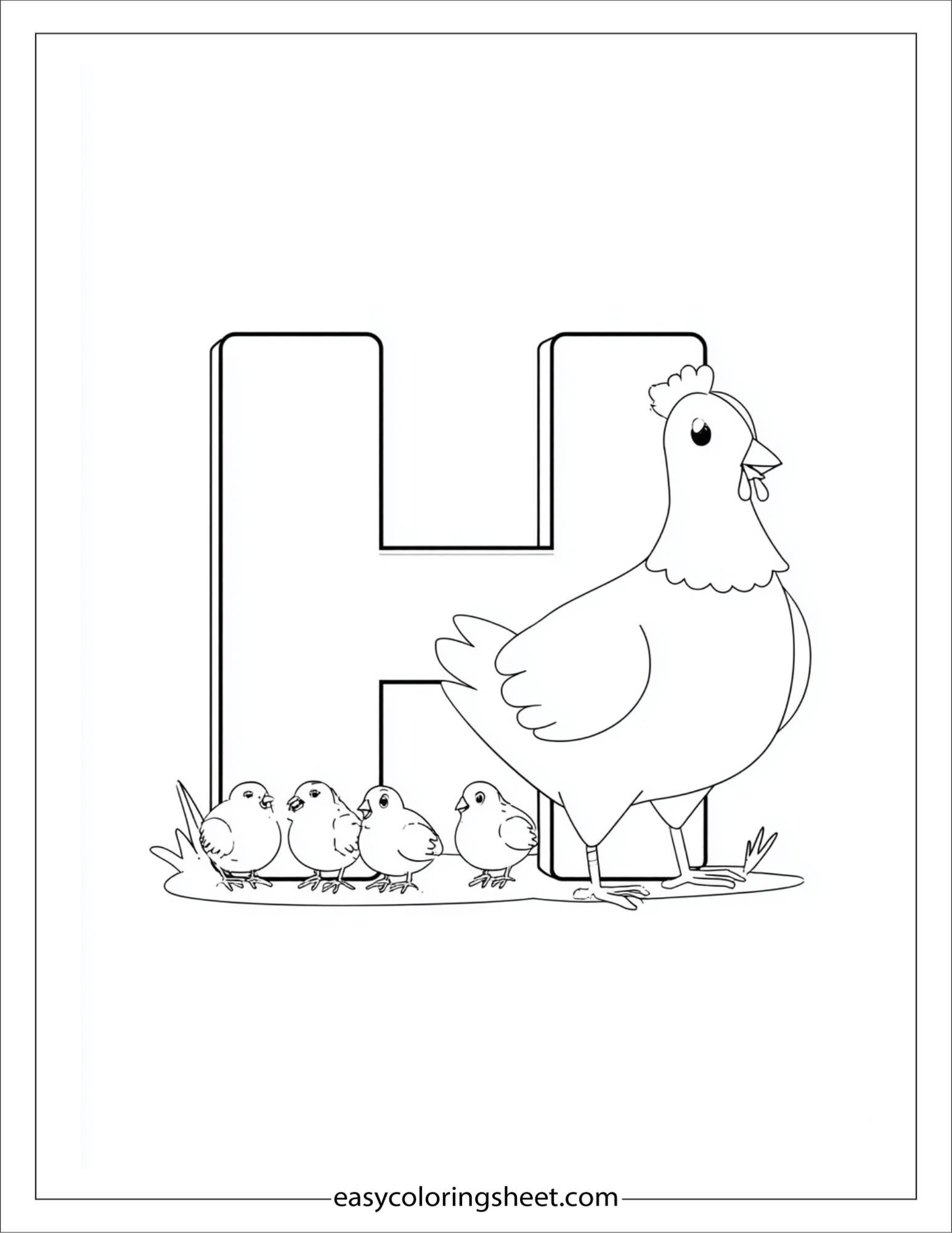 alphabet H hen family coloring page