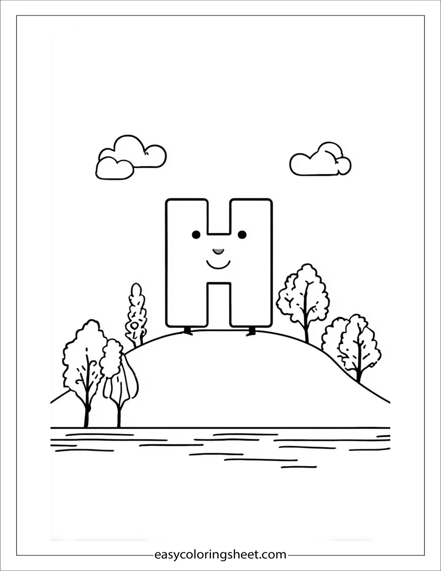 alphabet H hill trees coloring page