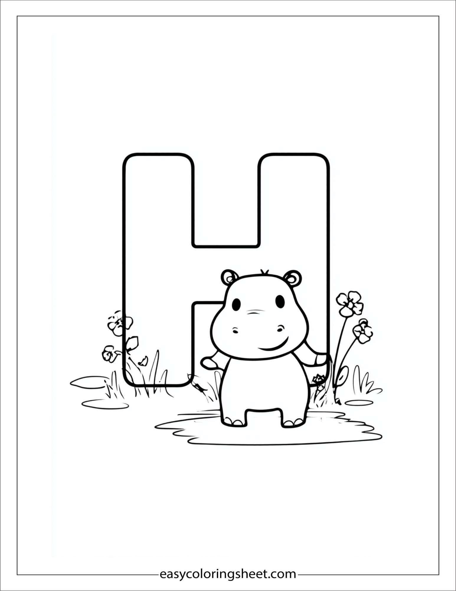 alphabet H hippo coloring page