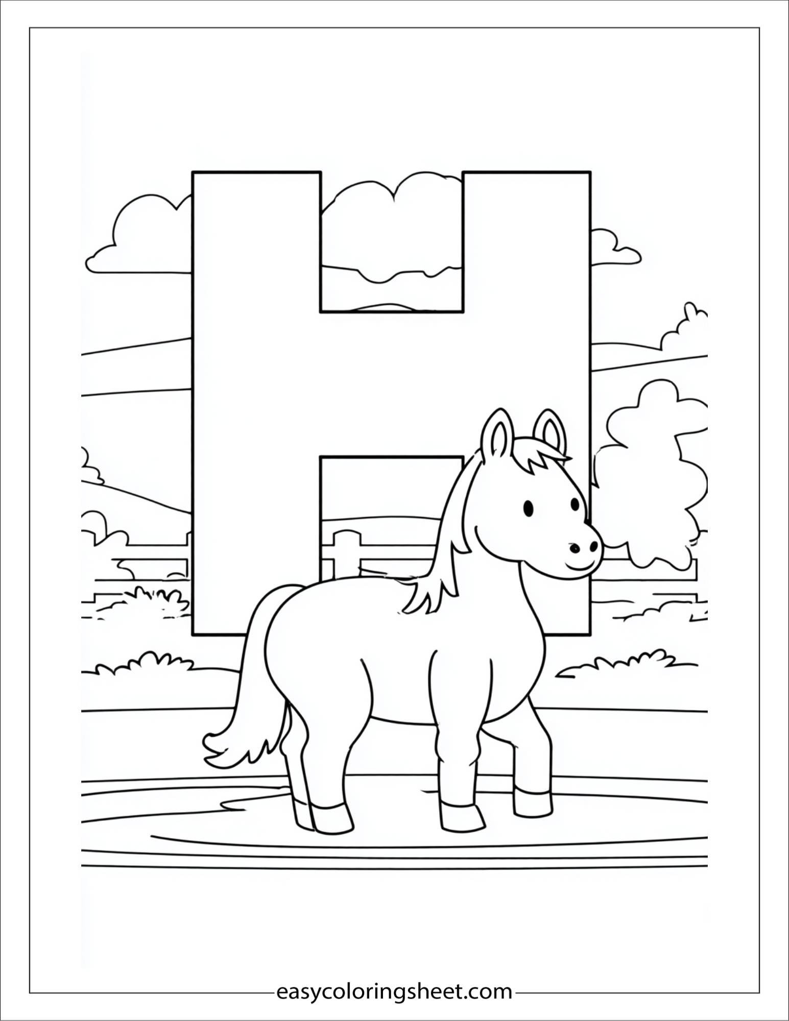 alphabet H horse farm coloring page