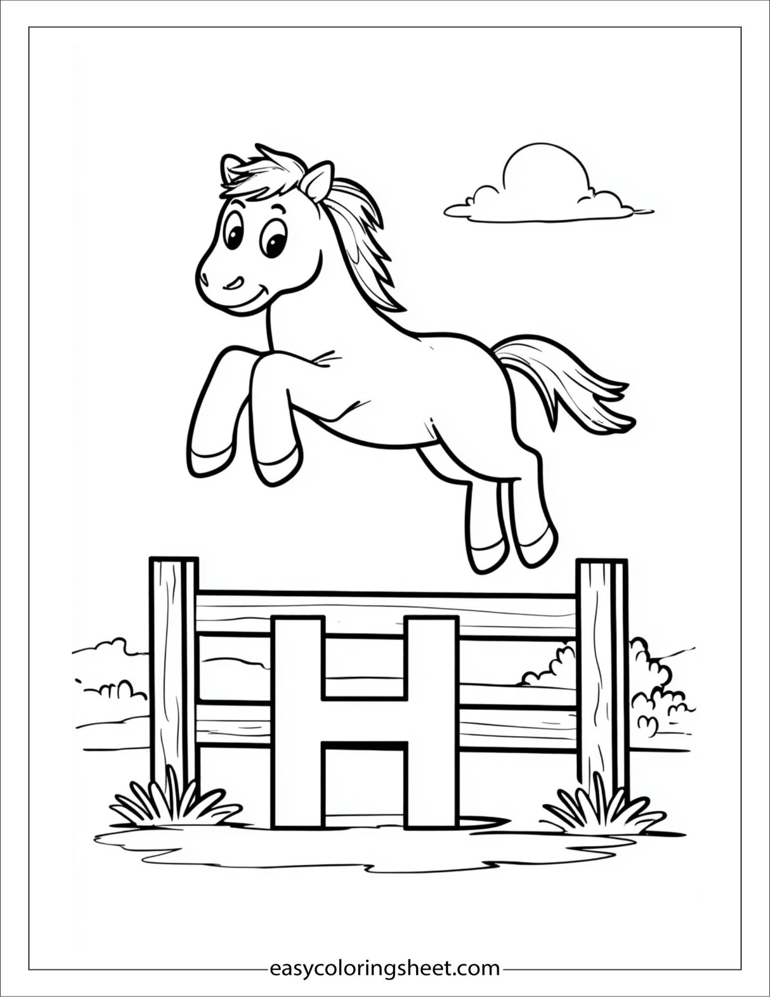 alphabet H horse jump coloring page