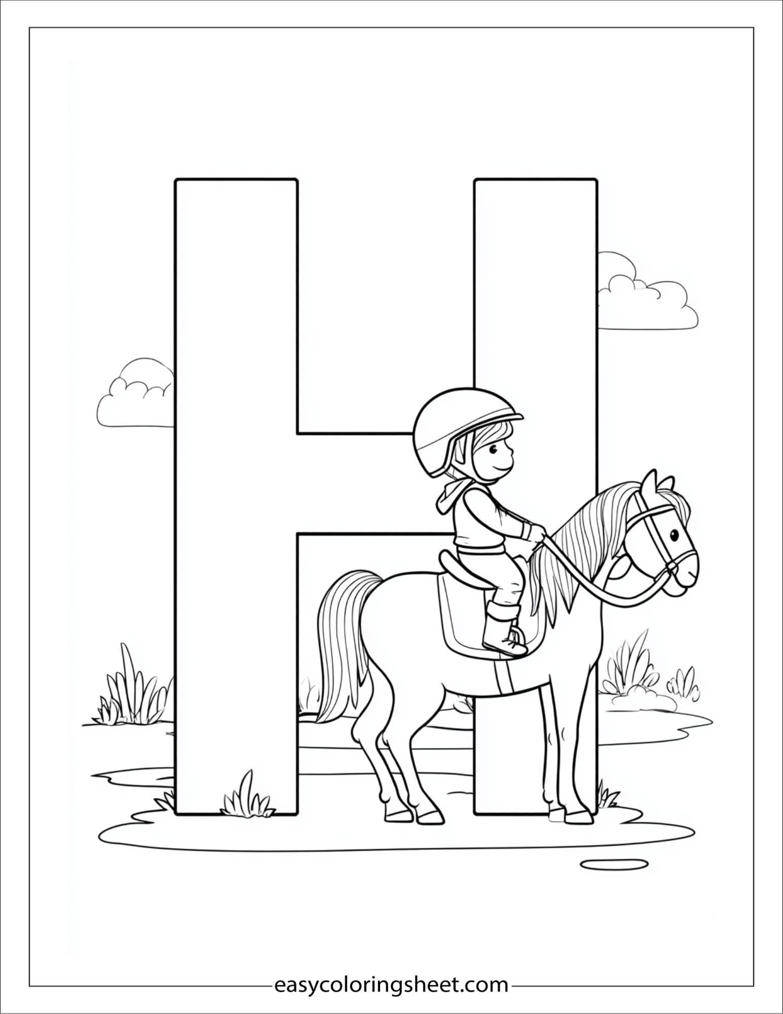 alphabet H horse rider coloring page