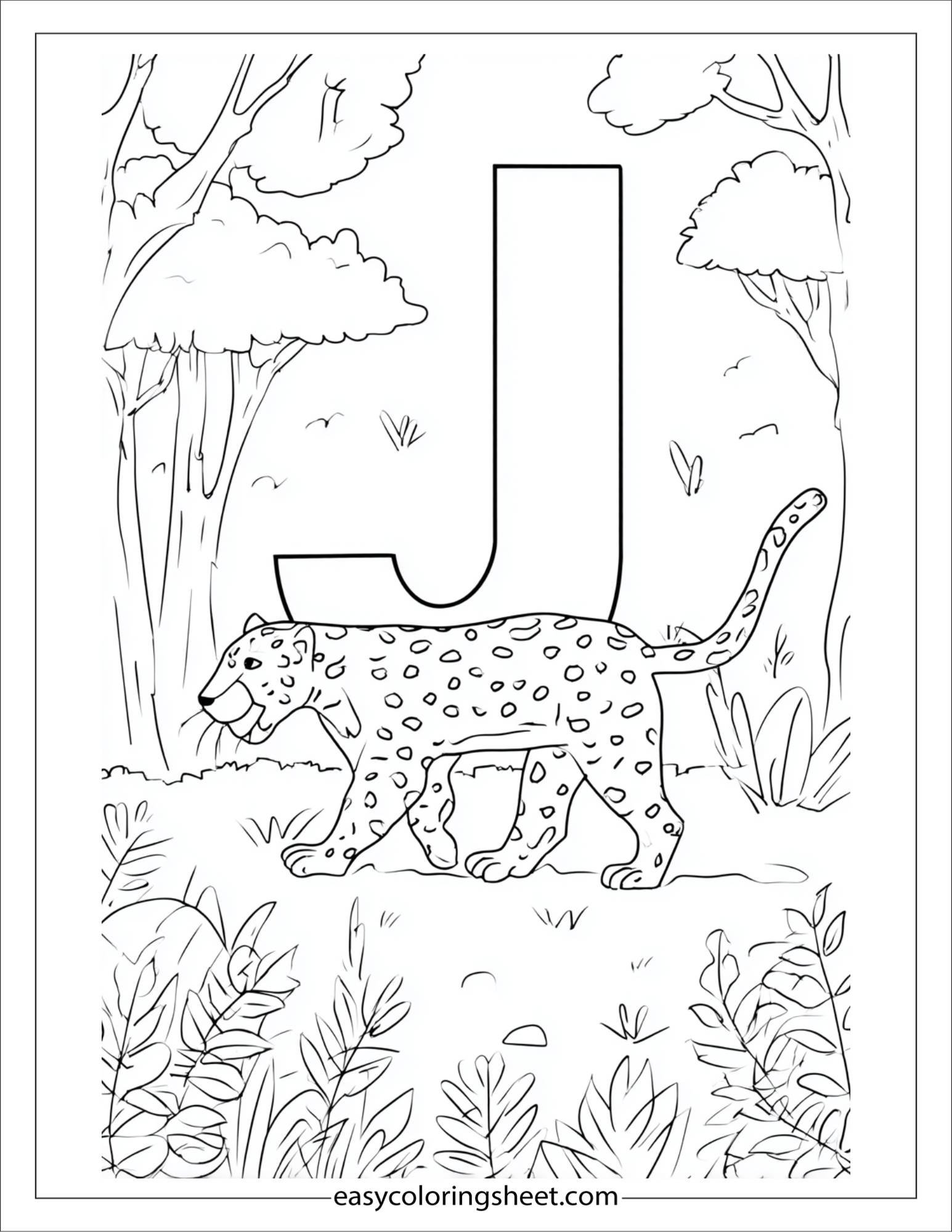 alphabet J jaguar jungle coloring page