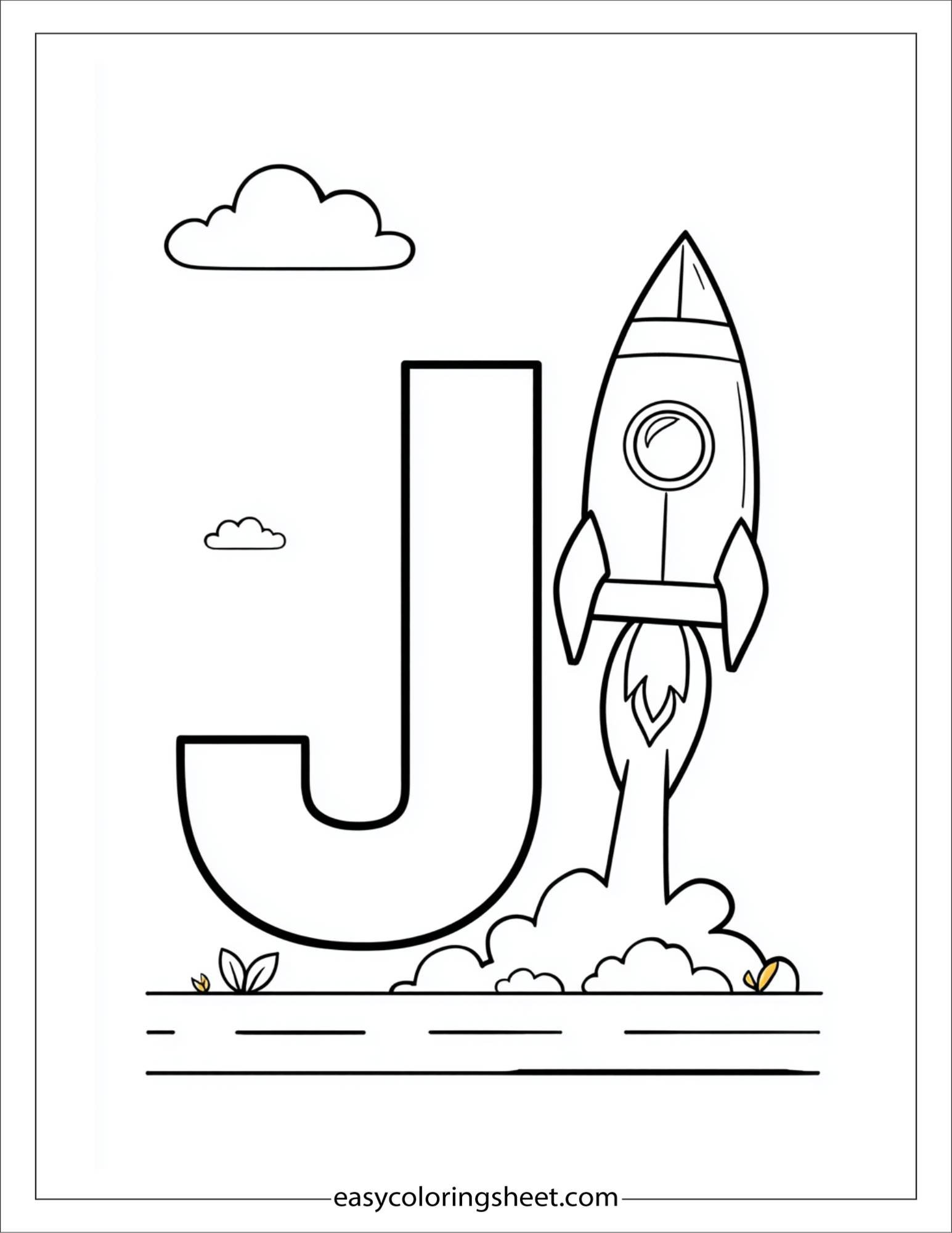 alphabet J jet rocket coloring page