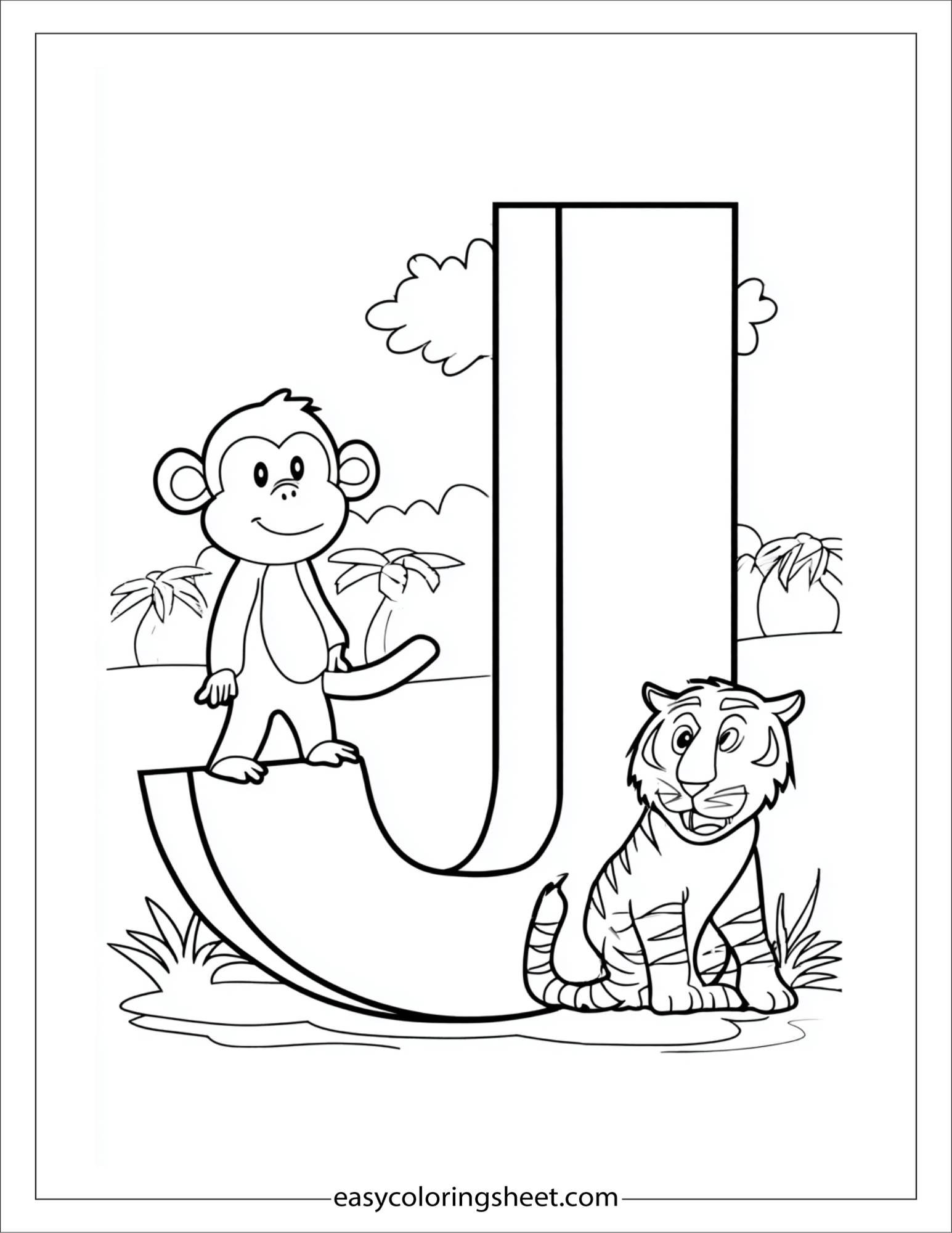 alphabet J jungle animals coloring page