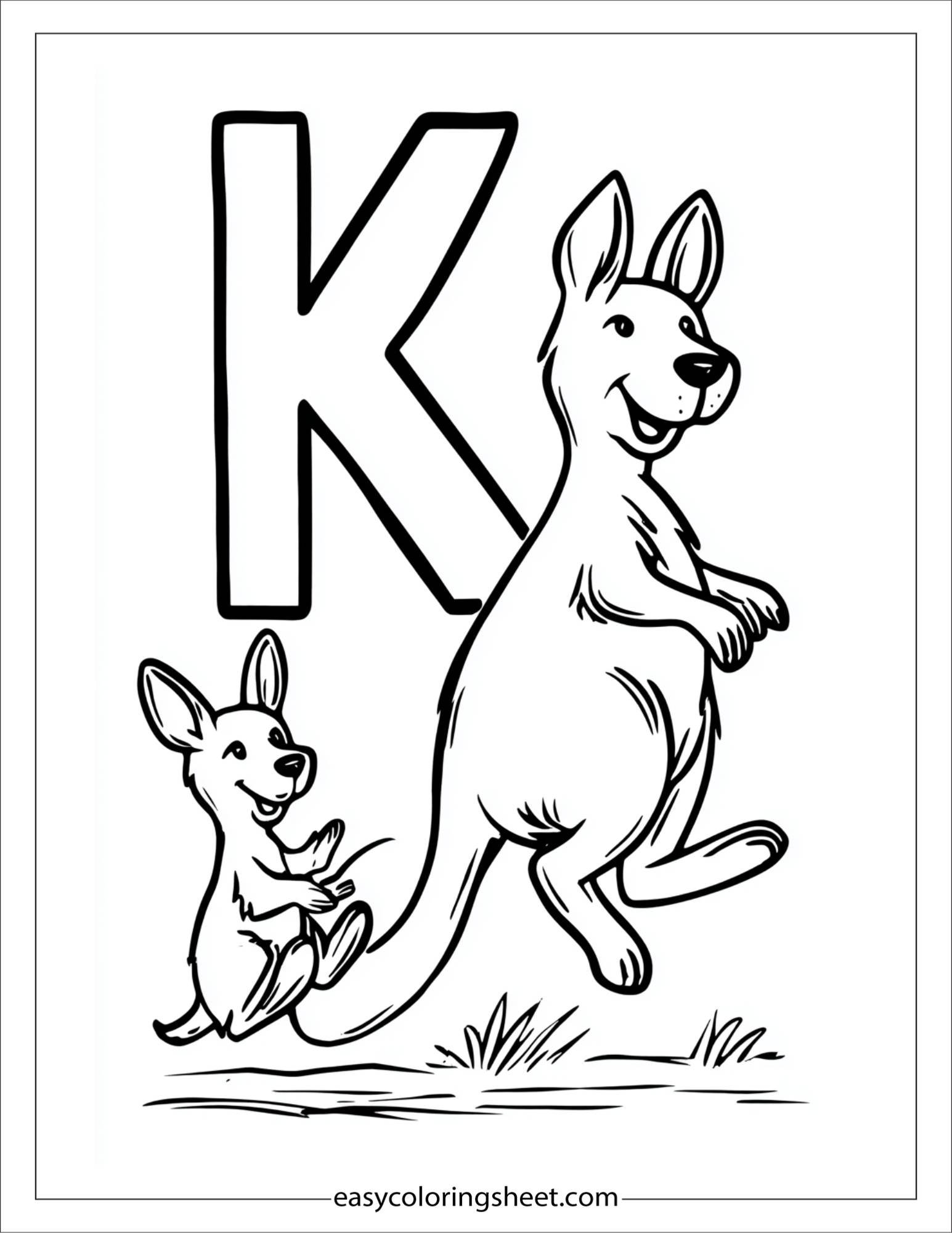 alphabet K kangaroo jump coloring page