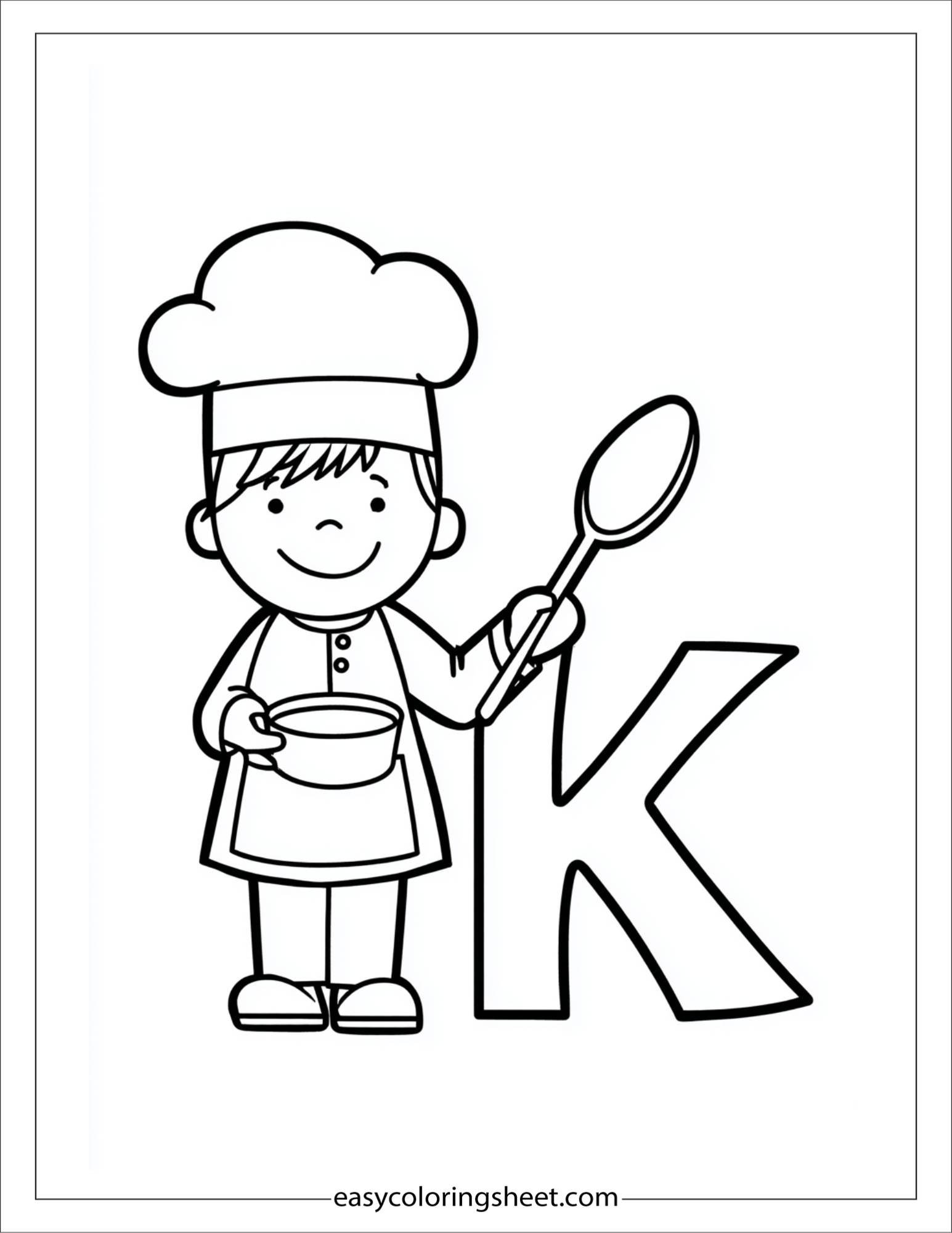 alphabet K kitchen chef coloring page