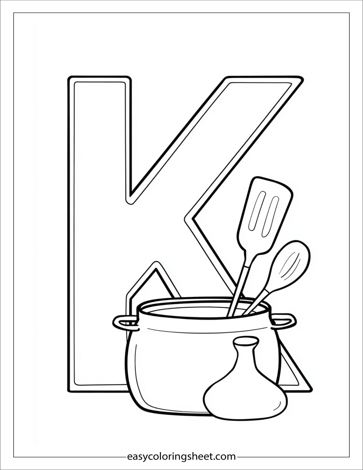 alphabet K kitchen tools coloring page