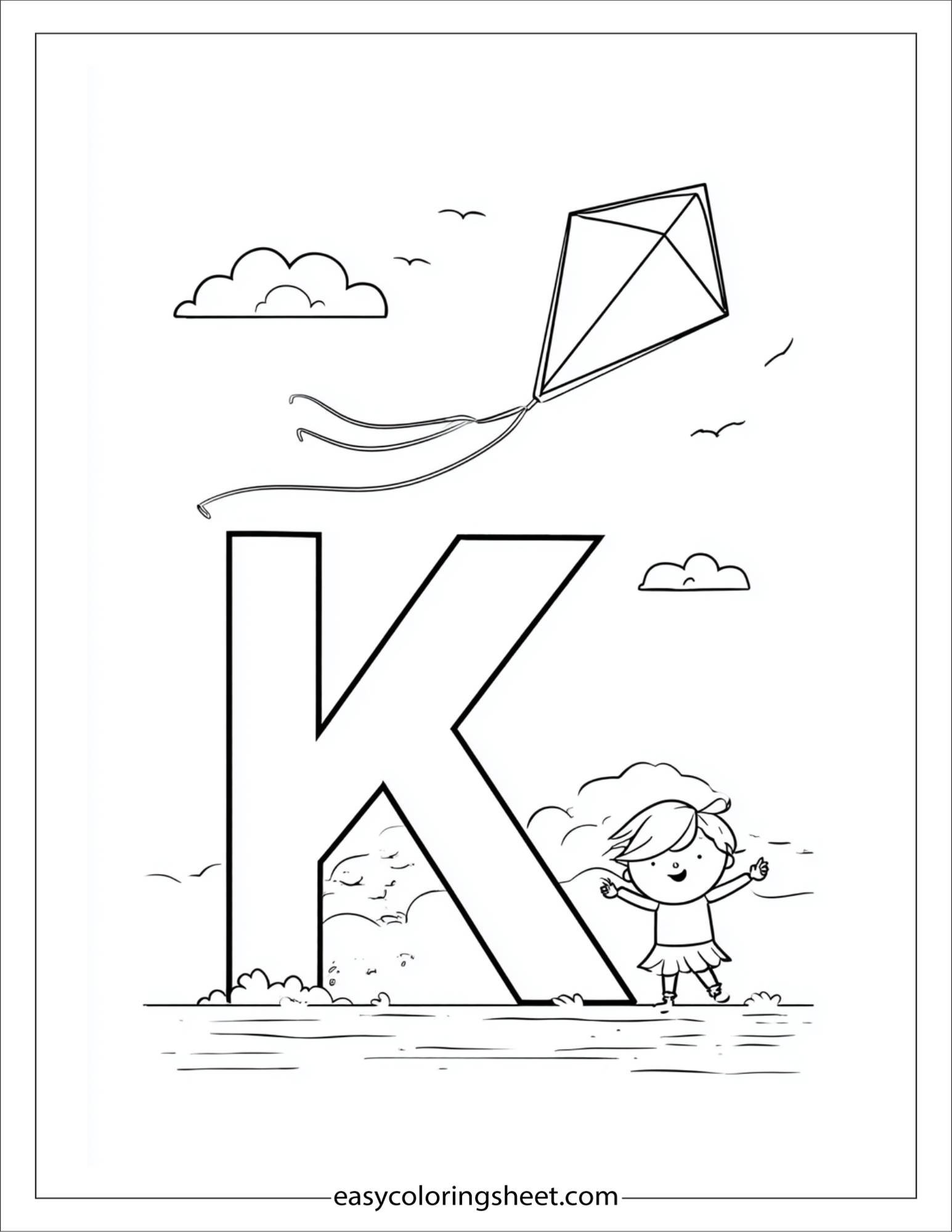 alphabet K kite coloring page