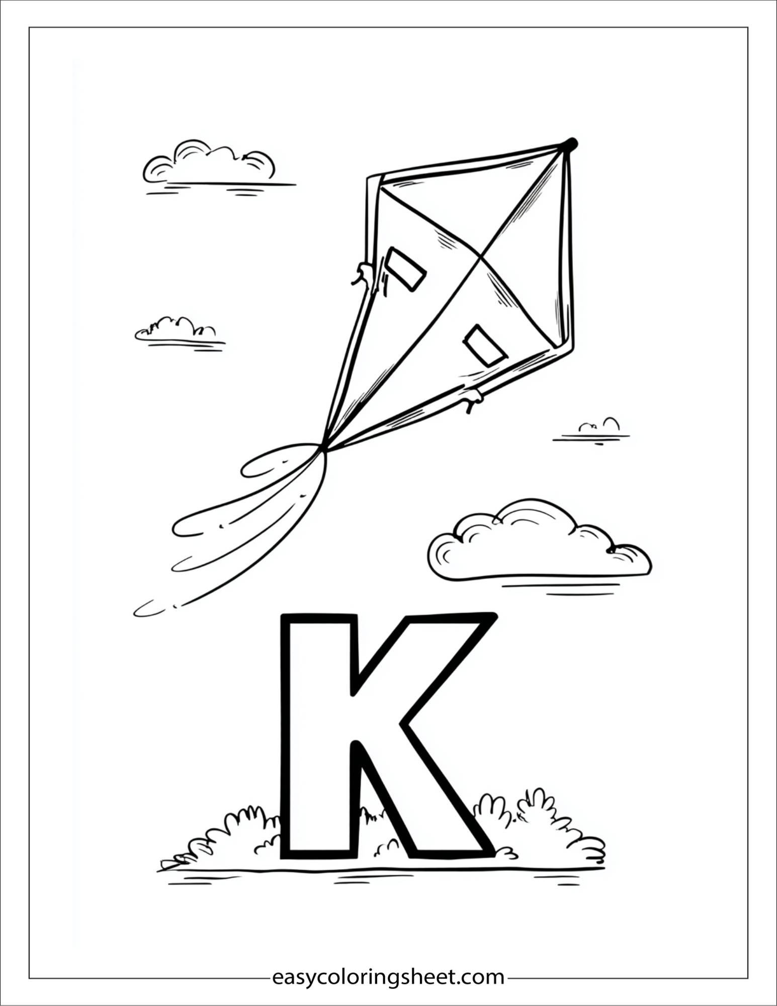 alphabet K kite flying coloring page