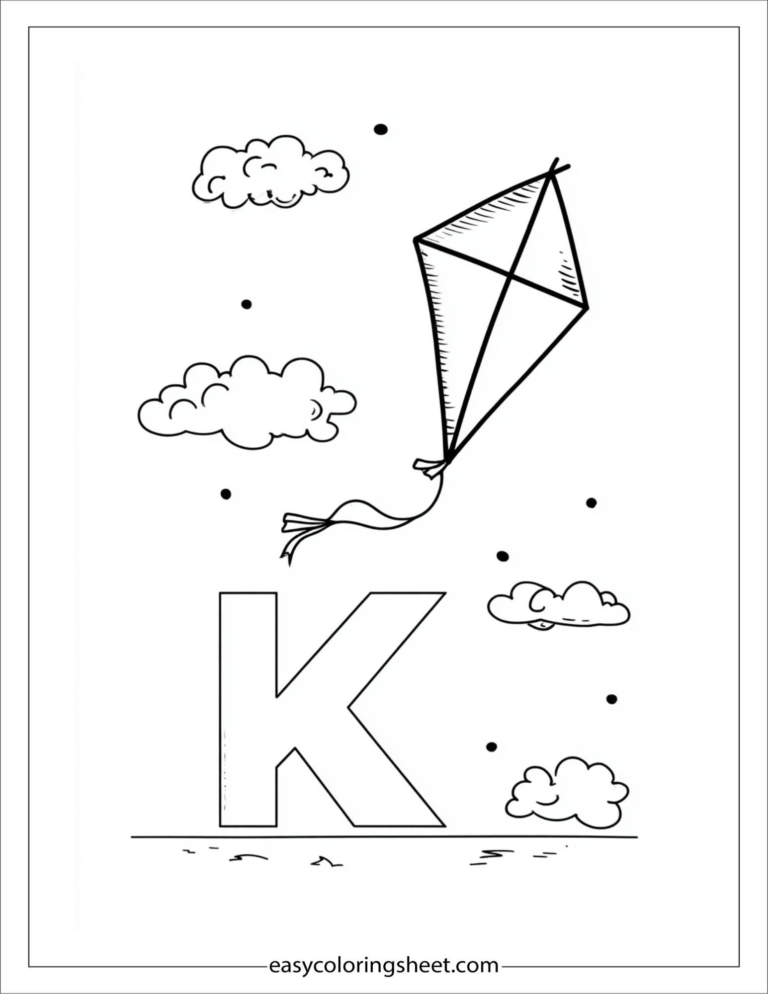 alphabet K kite sky coloring page