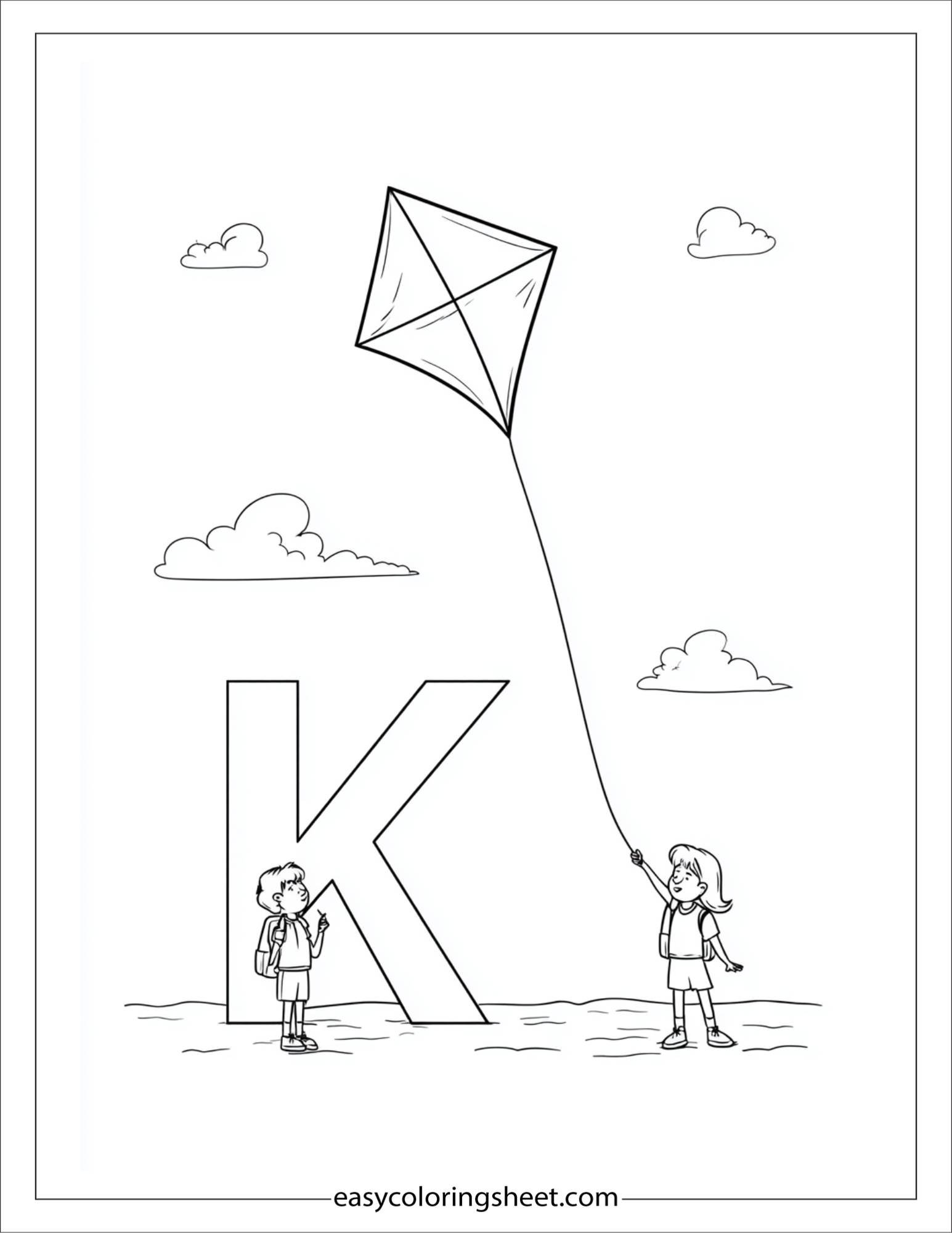 alphabet K kite string coloring page