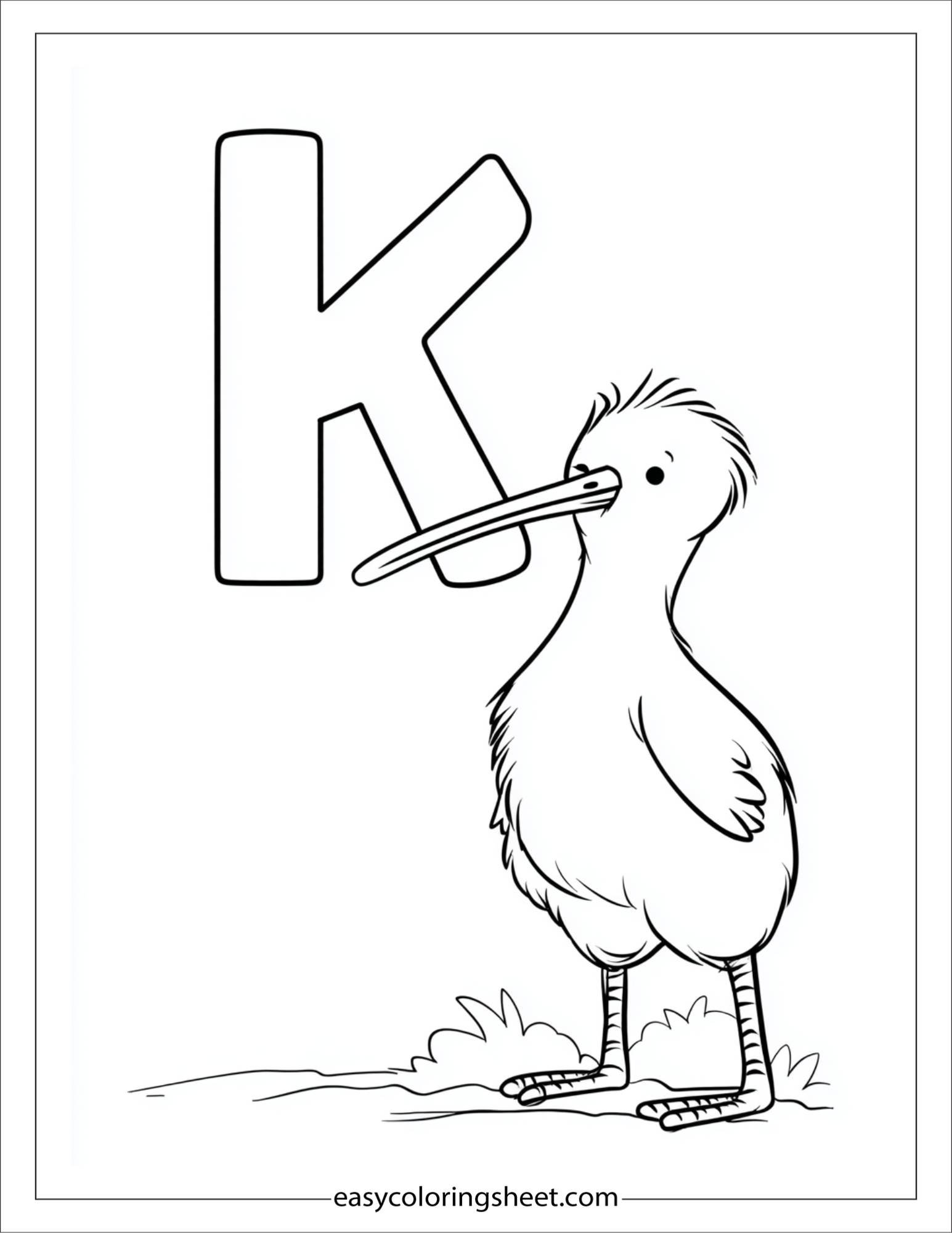 alphabet K kiwi bird coloring page