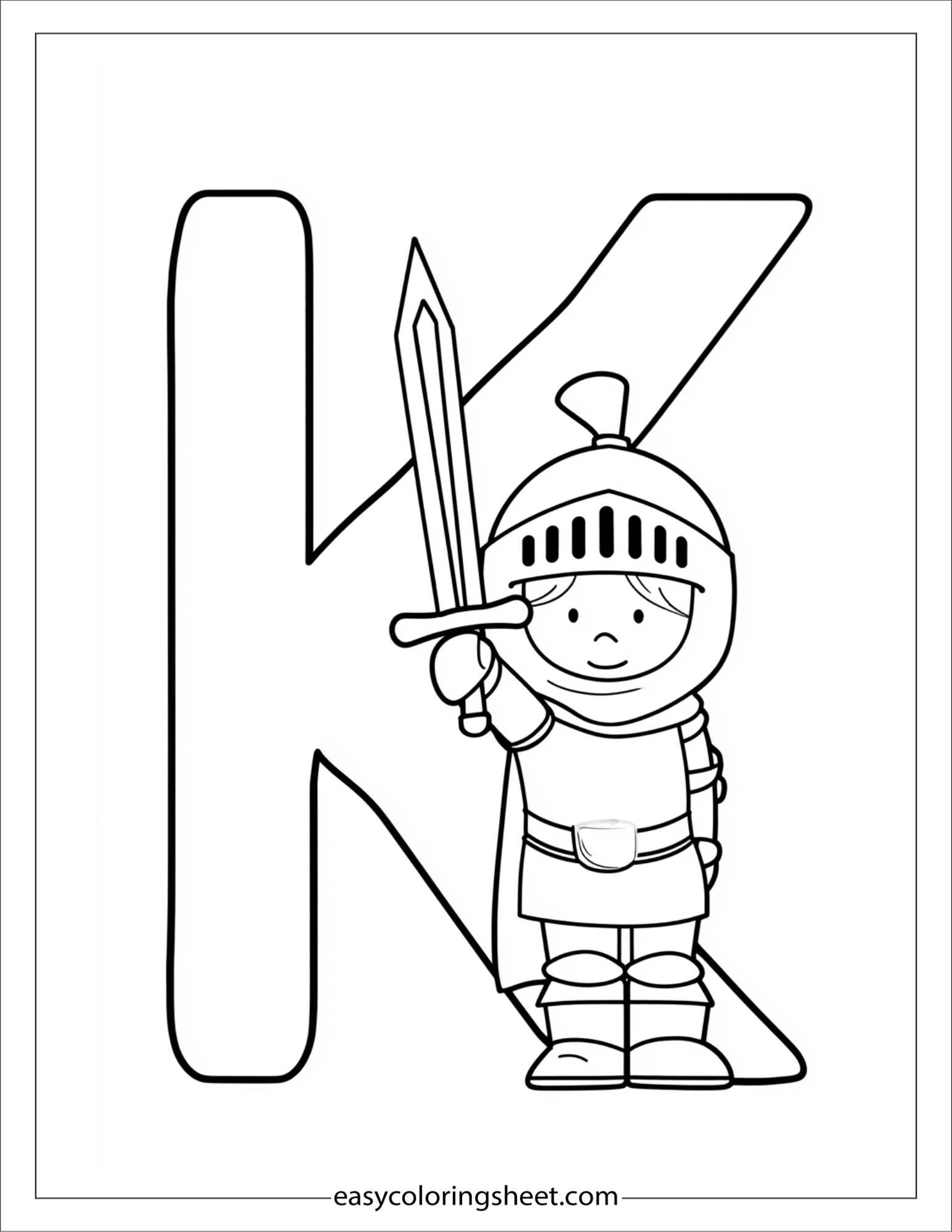 alphabet K knight coloring page