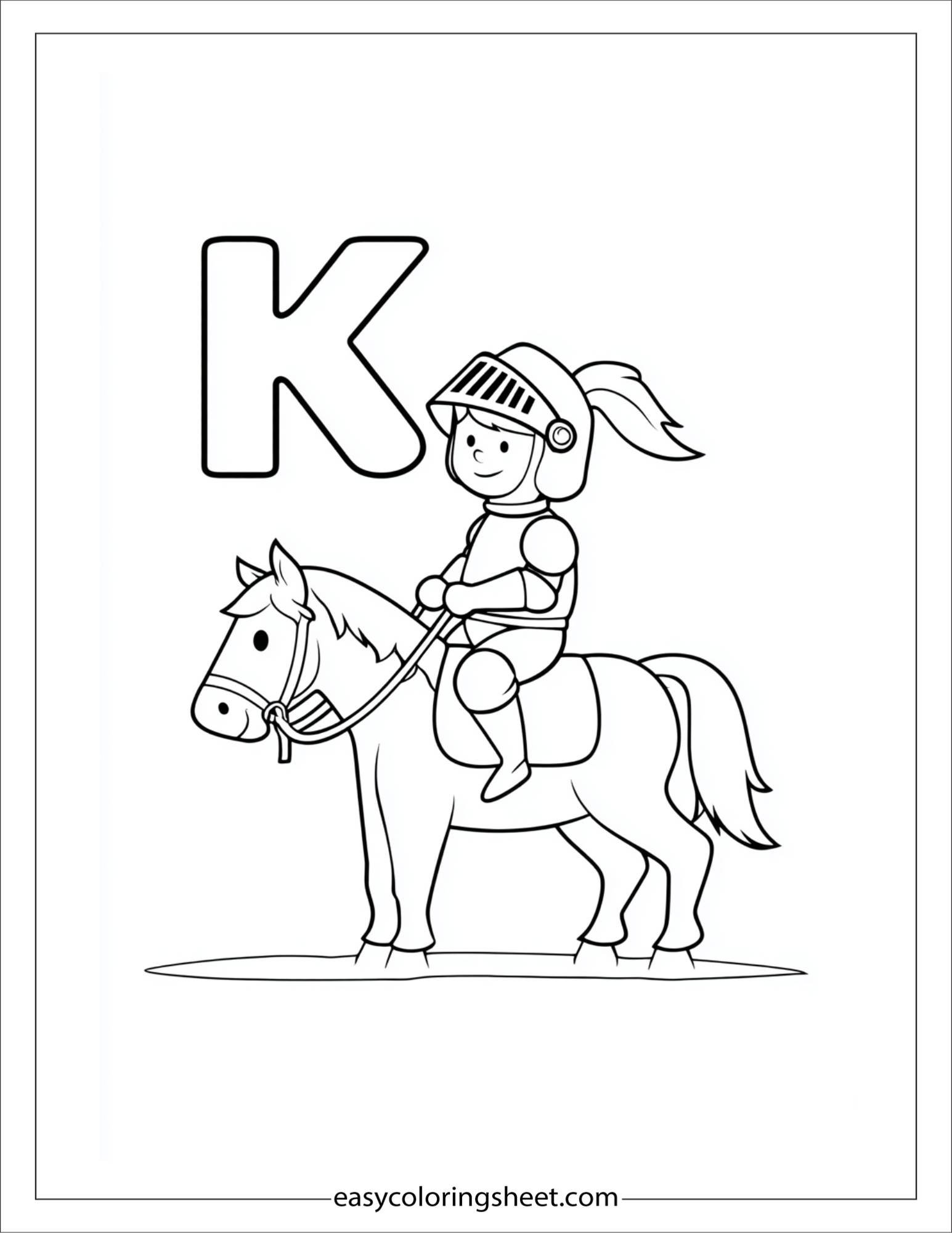alphabet K knight horse coloring page