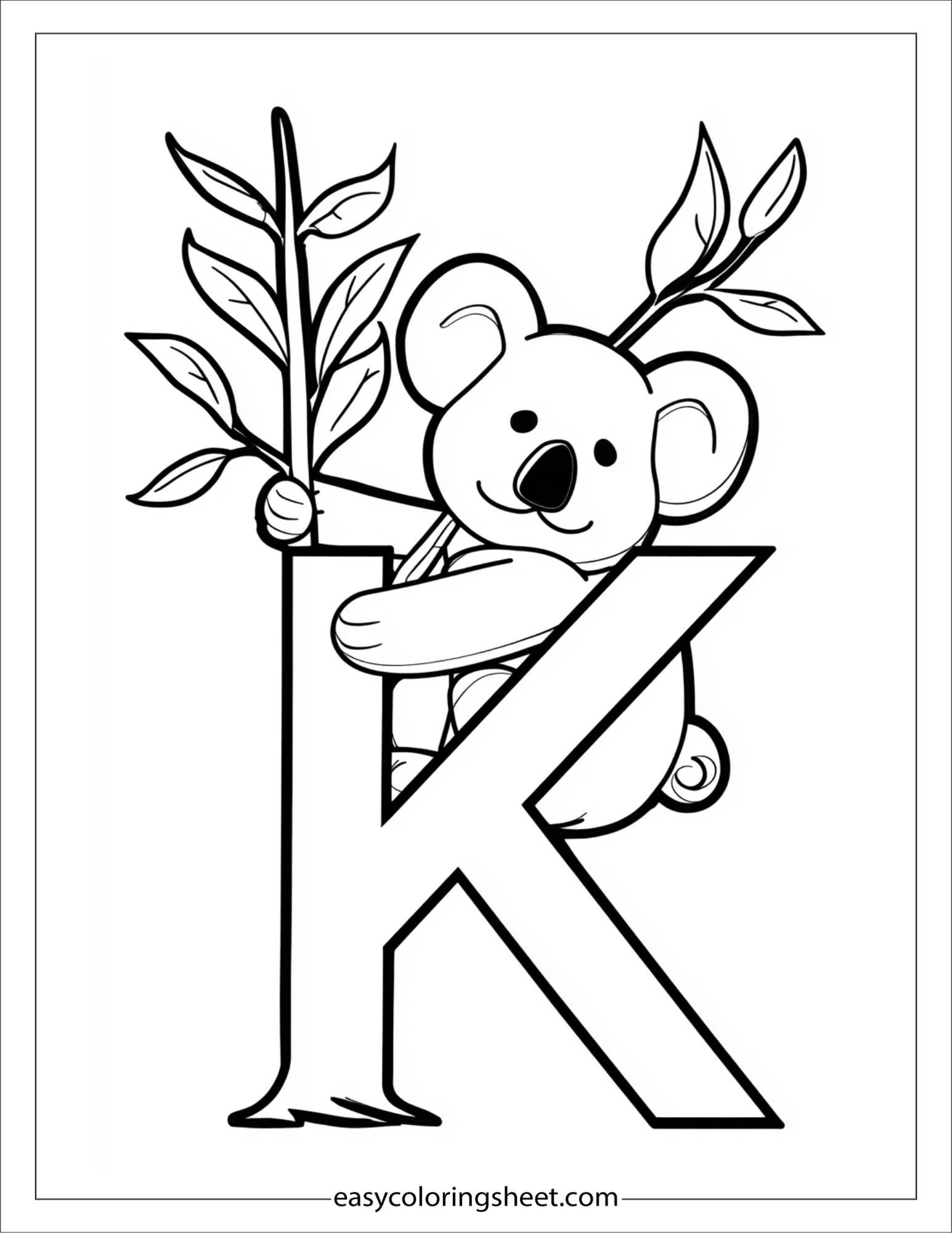 alphabet K koala tree coloring page