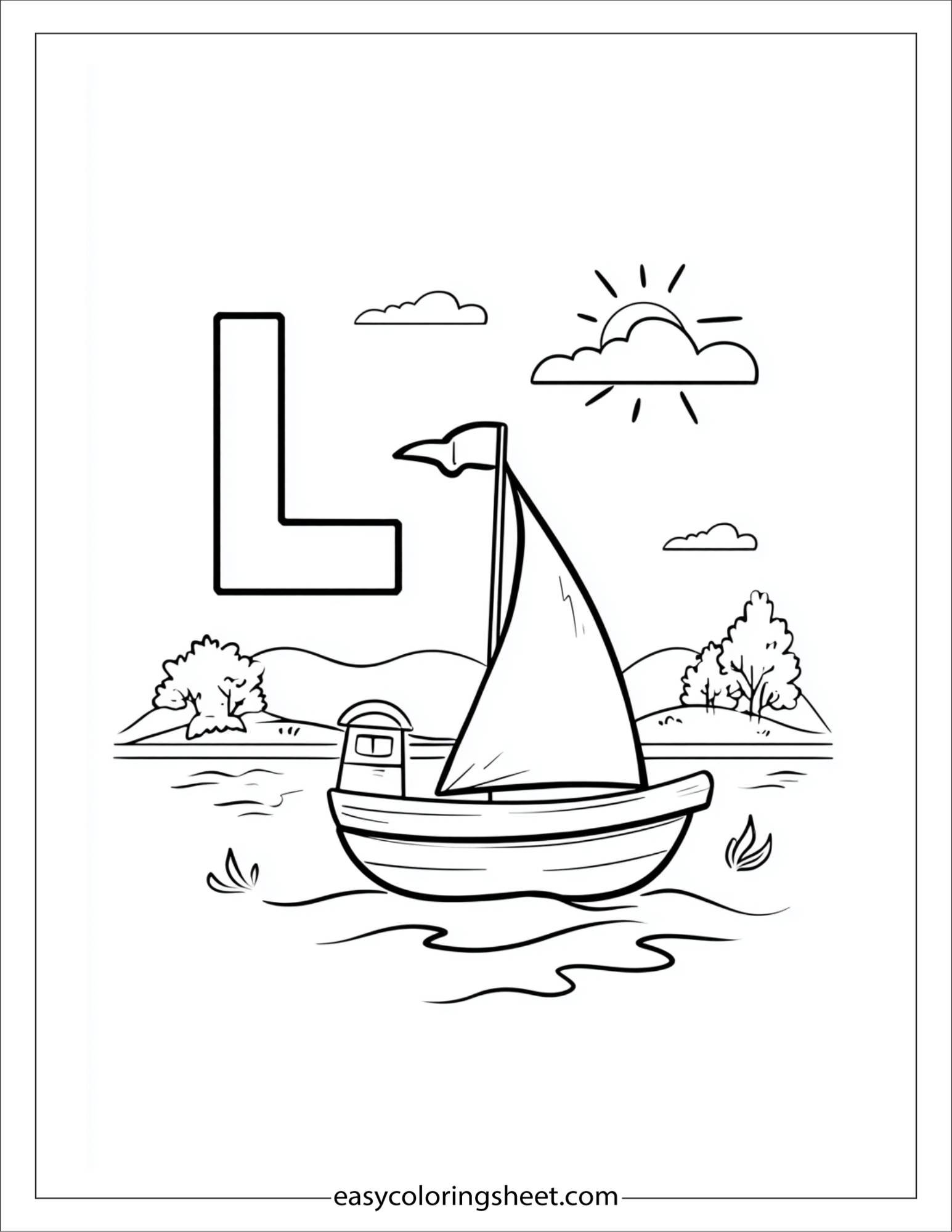 alphabet L lake boat coloring page