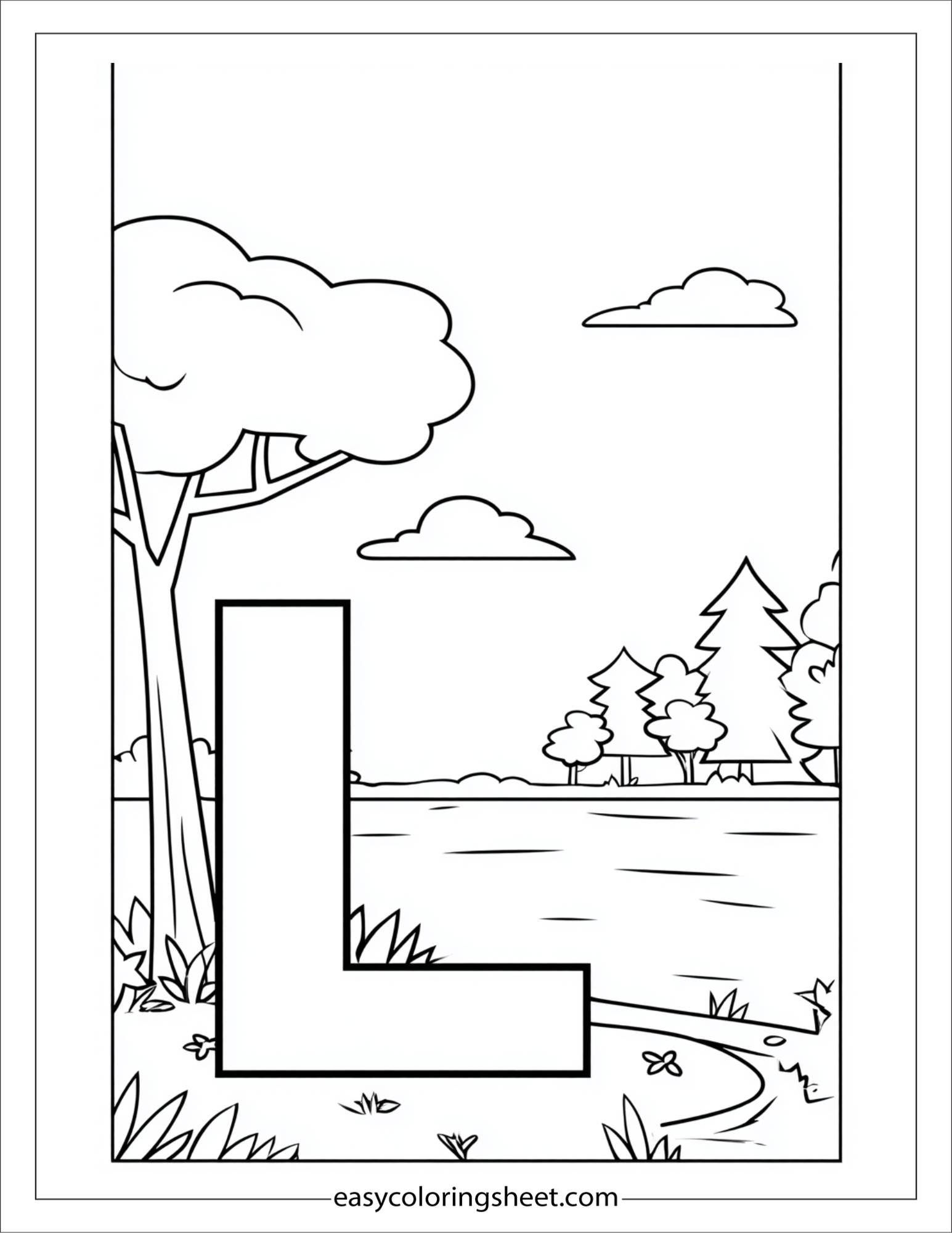 alphabet L lake coloring page