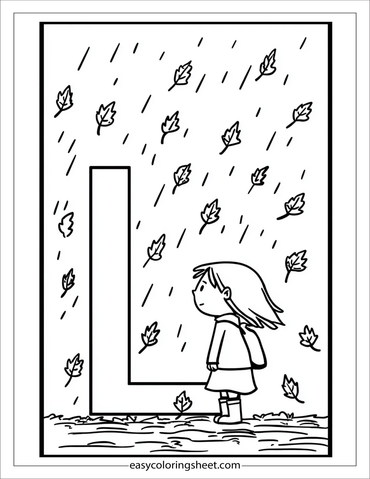 alphabet L leaf rain coloring page