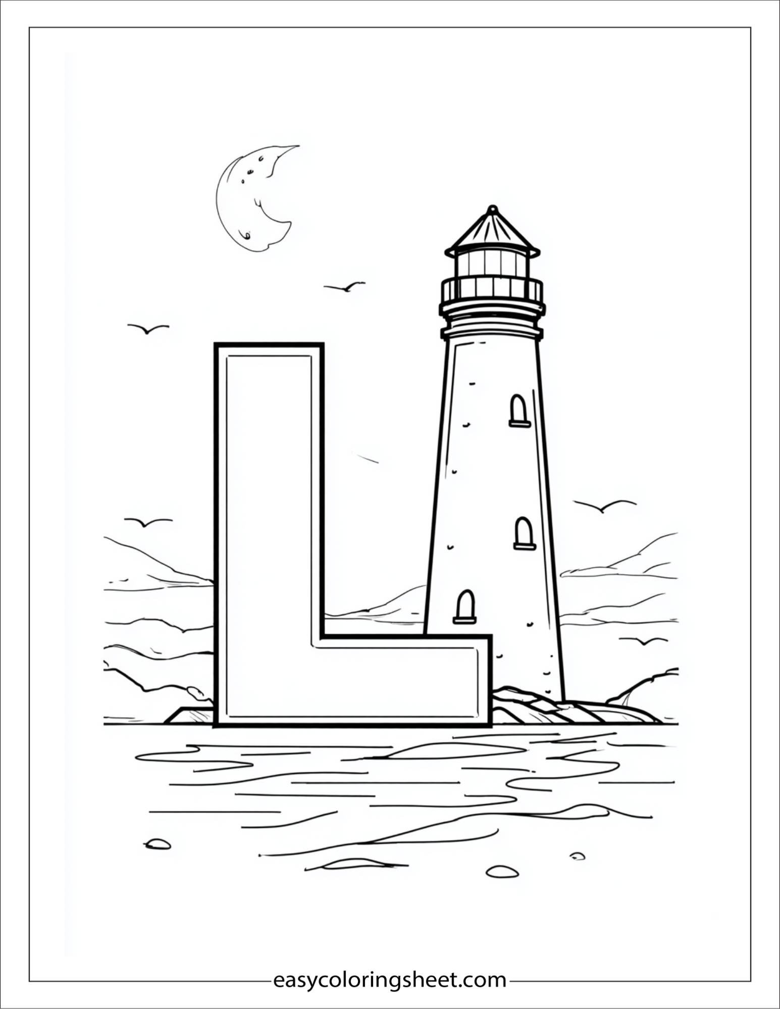 alphabet L lighthouse moon coloring page