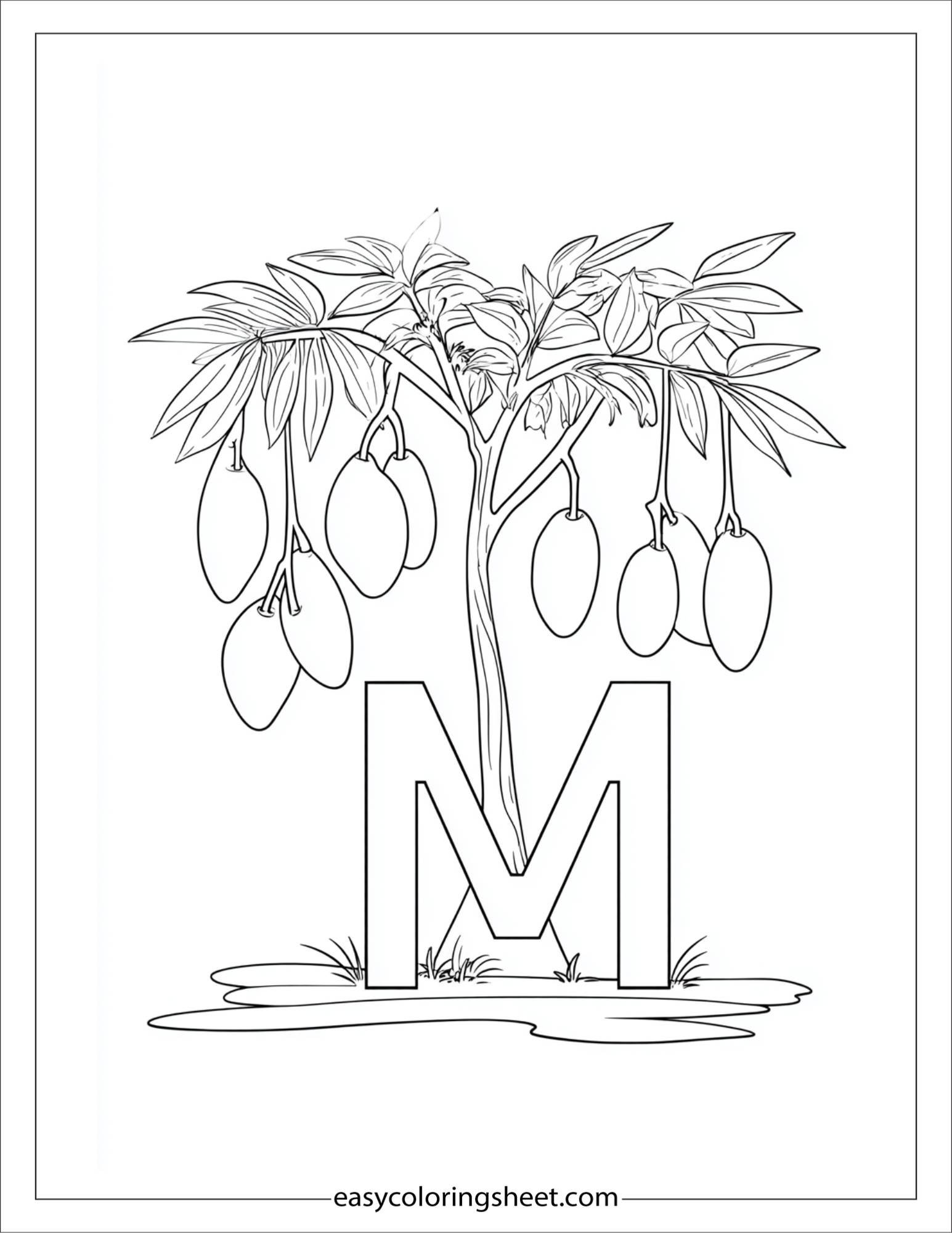 alphabet M mango tree coloring page