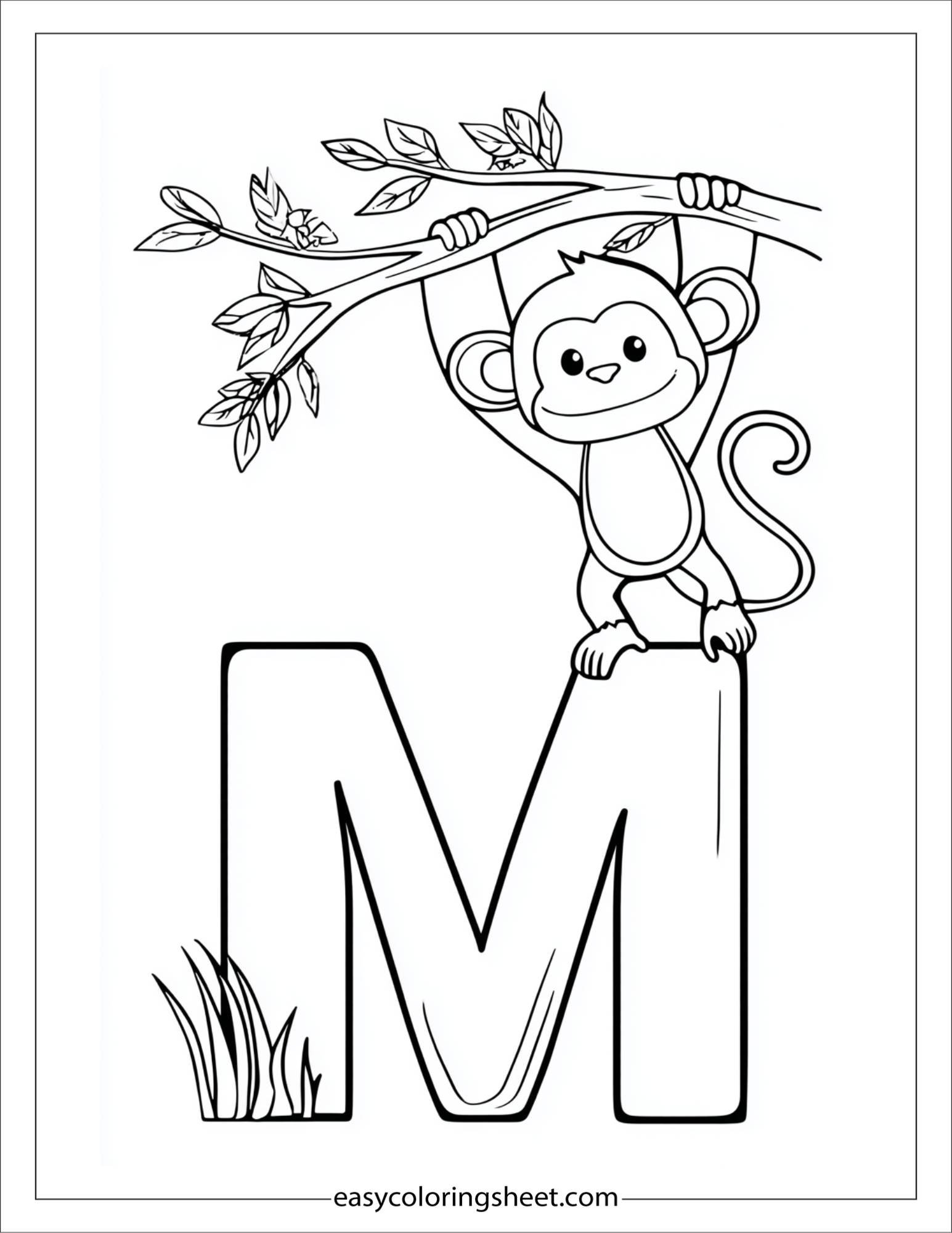alphabet M monkey coloring page