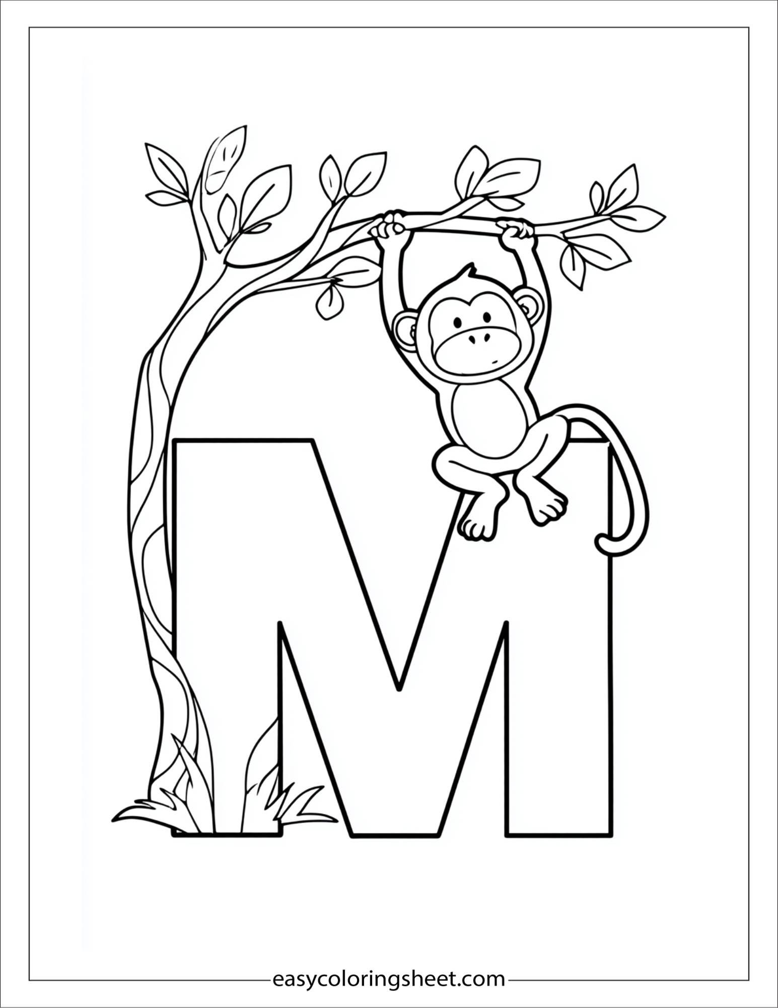 alphabet M monkey tree coloring page