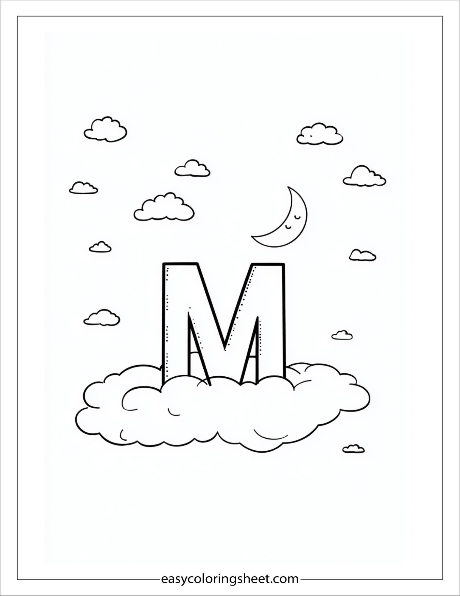 alphabet M moon cloud coloring page