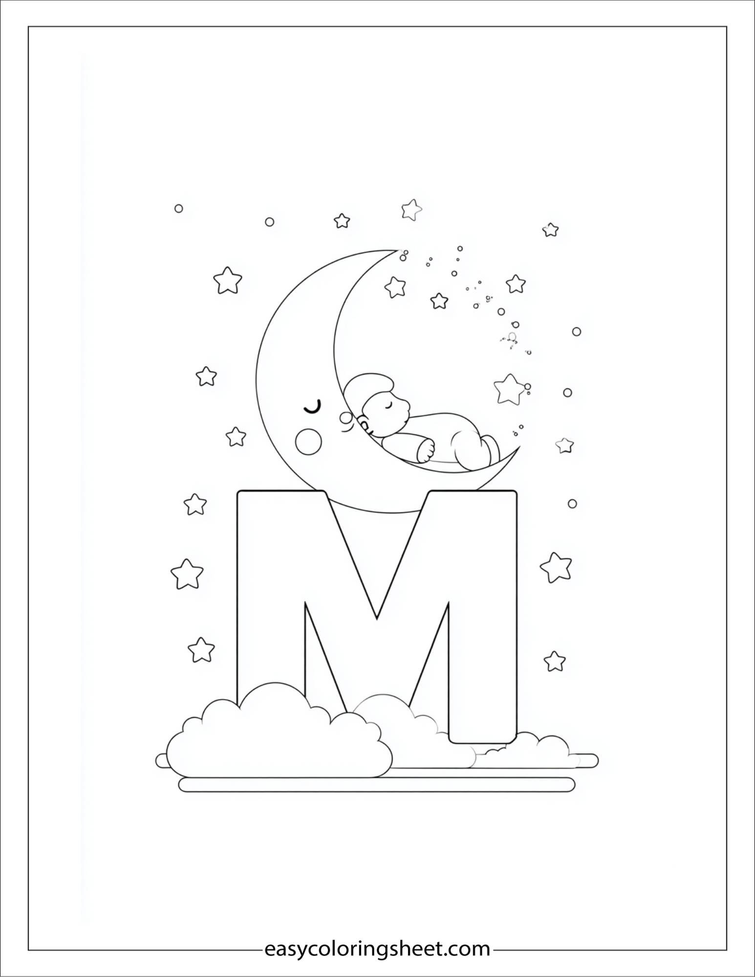 alphabet M moon stars coloring page