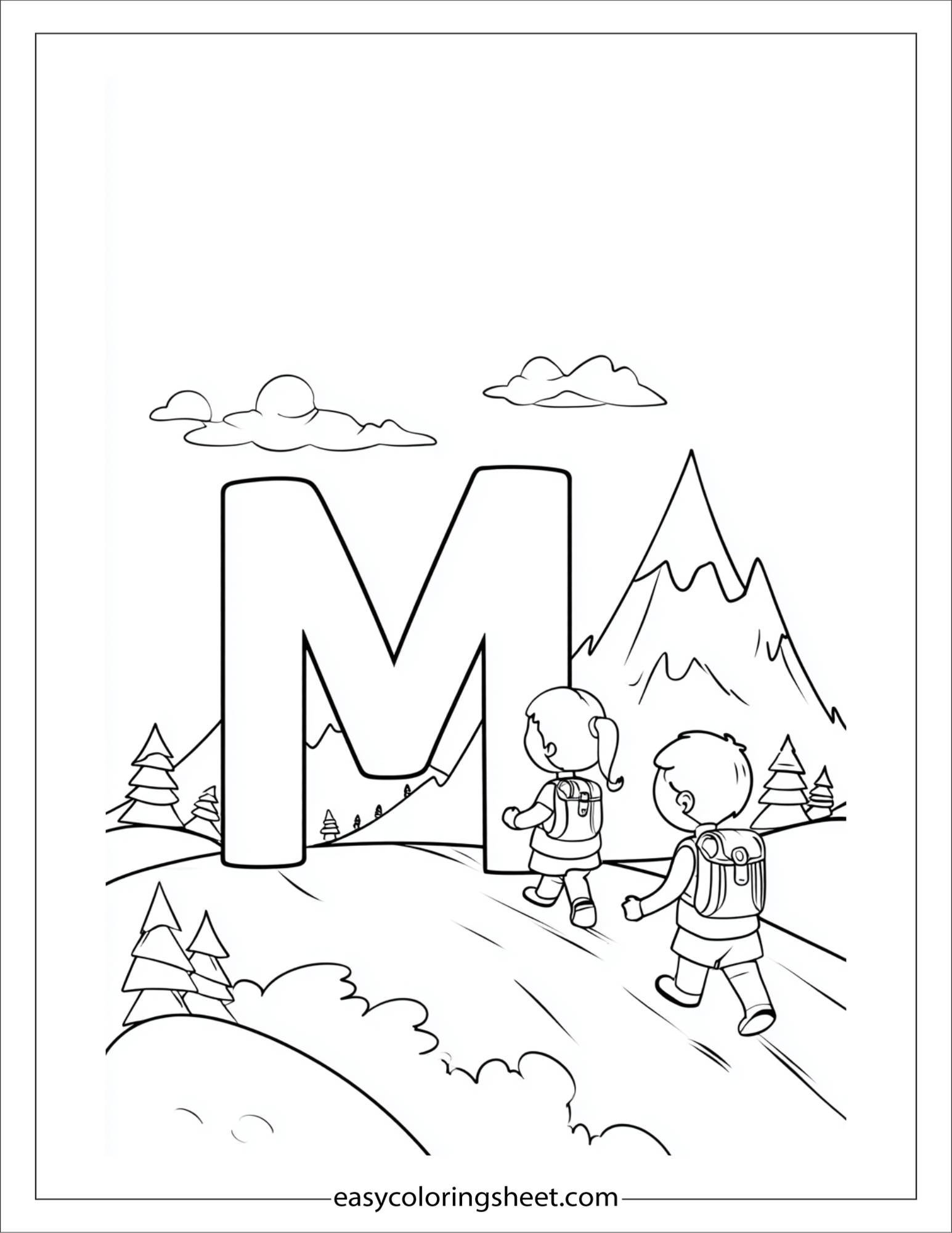 alphabet M mountain hike coloring page