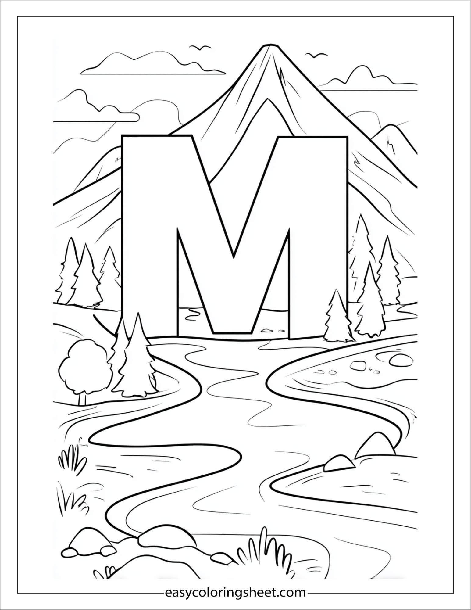 alphabet M mountain river coloring page