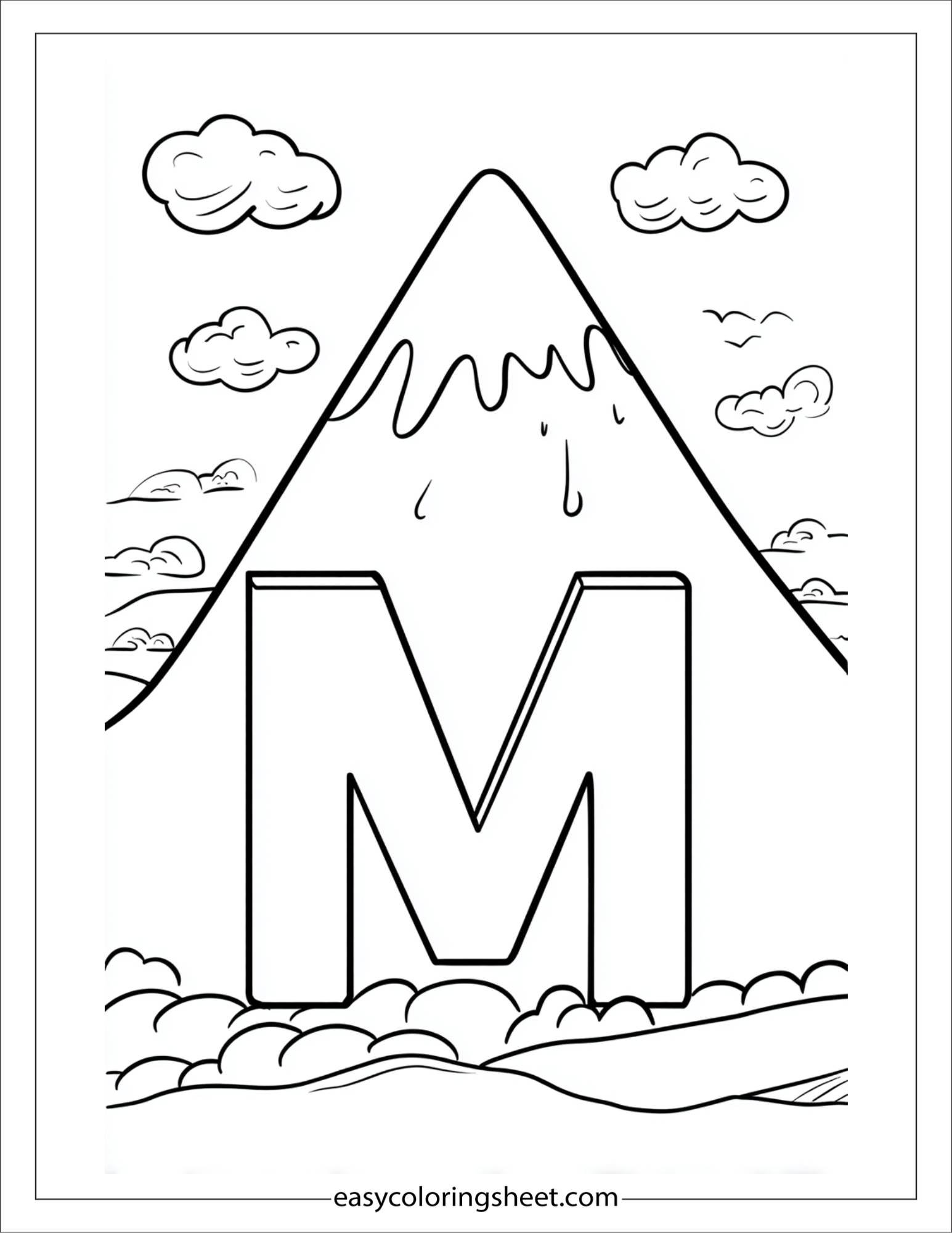 alphabet M mountain snow coloring page