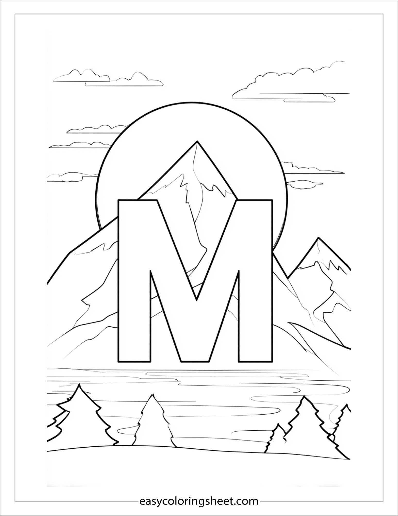 alphabet M mountain sun coloring page
