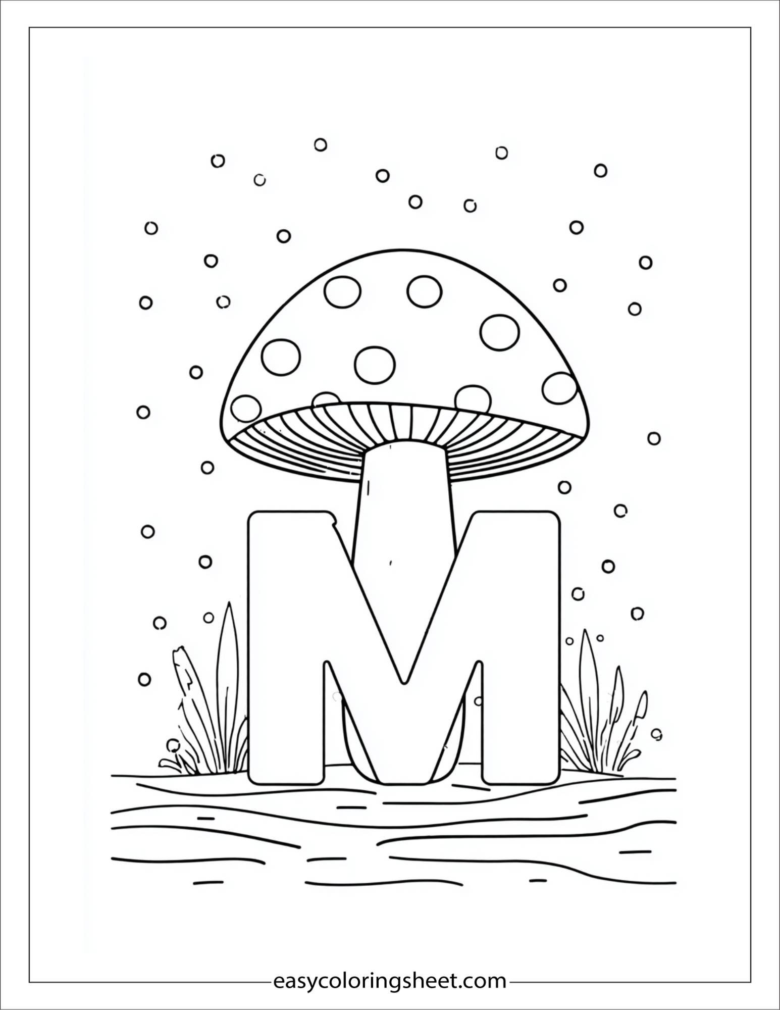 alphabet M mushroom coloring page